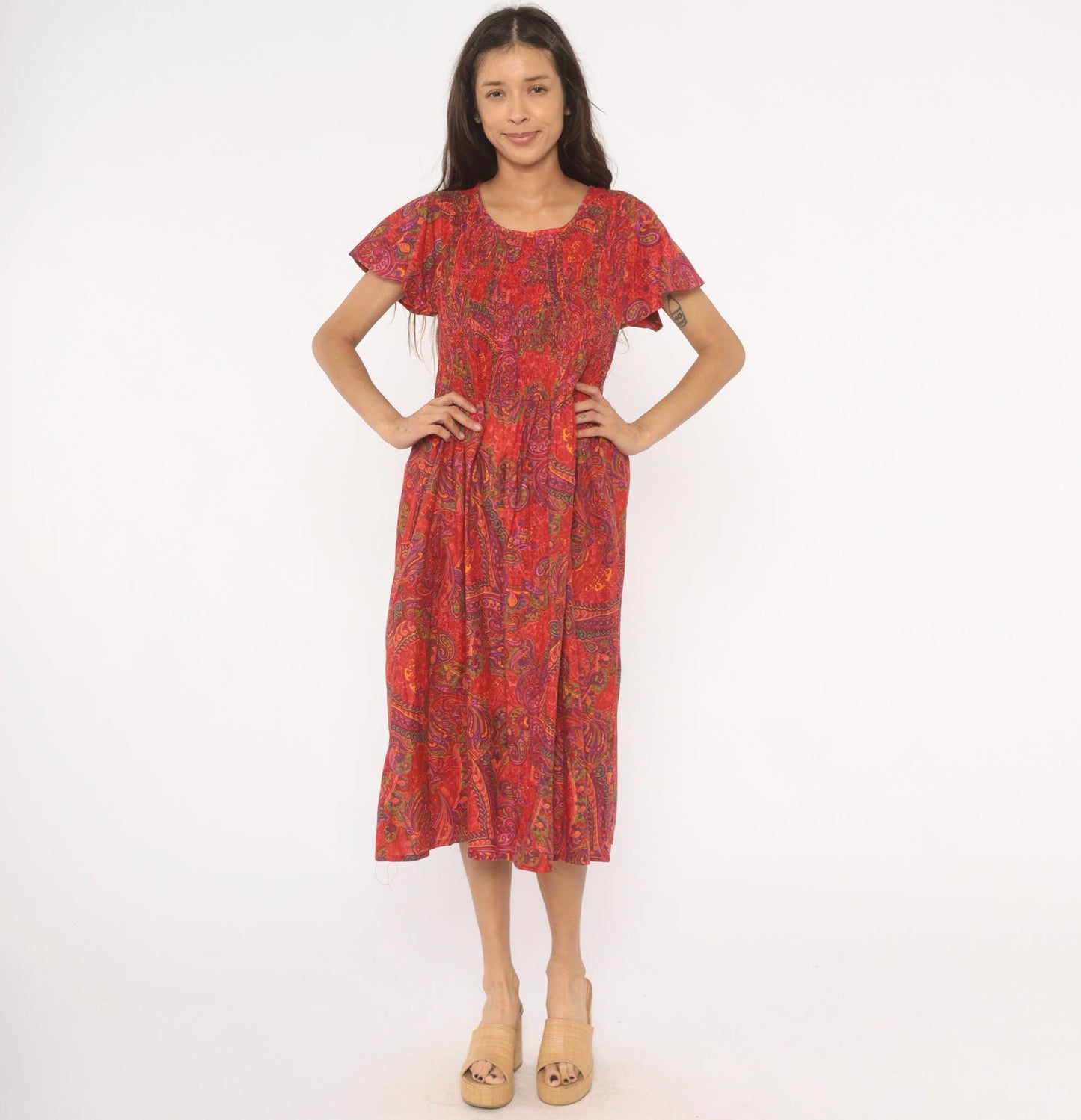 70s Metropolitan Paisley Smocked Midi Dress Red Flutter Sleeve Cotton Large L