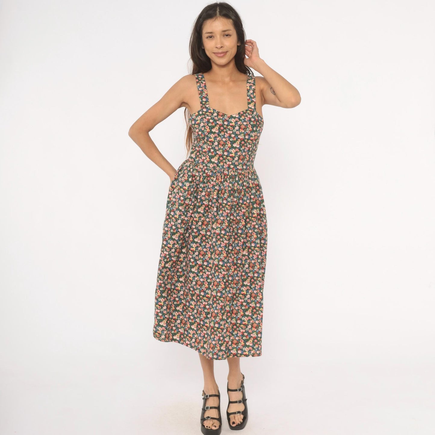 90s The Limited Floral Midi Sundress Calico Print Sweetheart Neckline Small