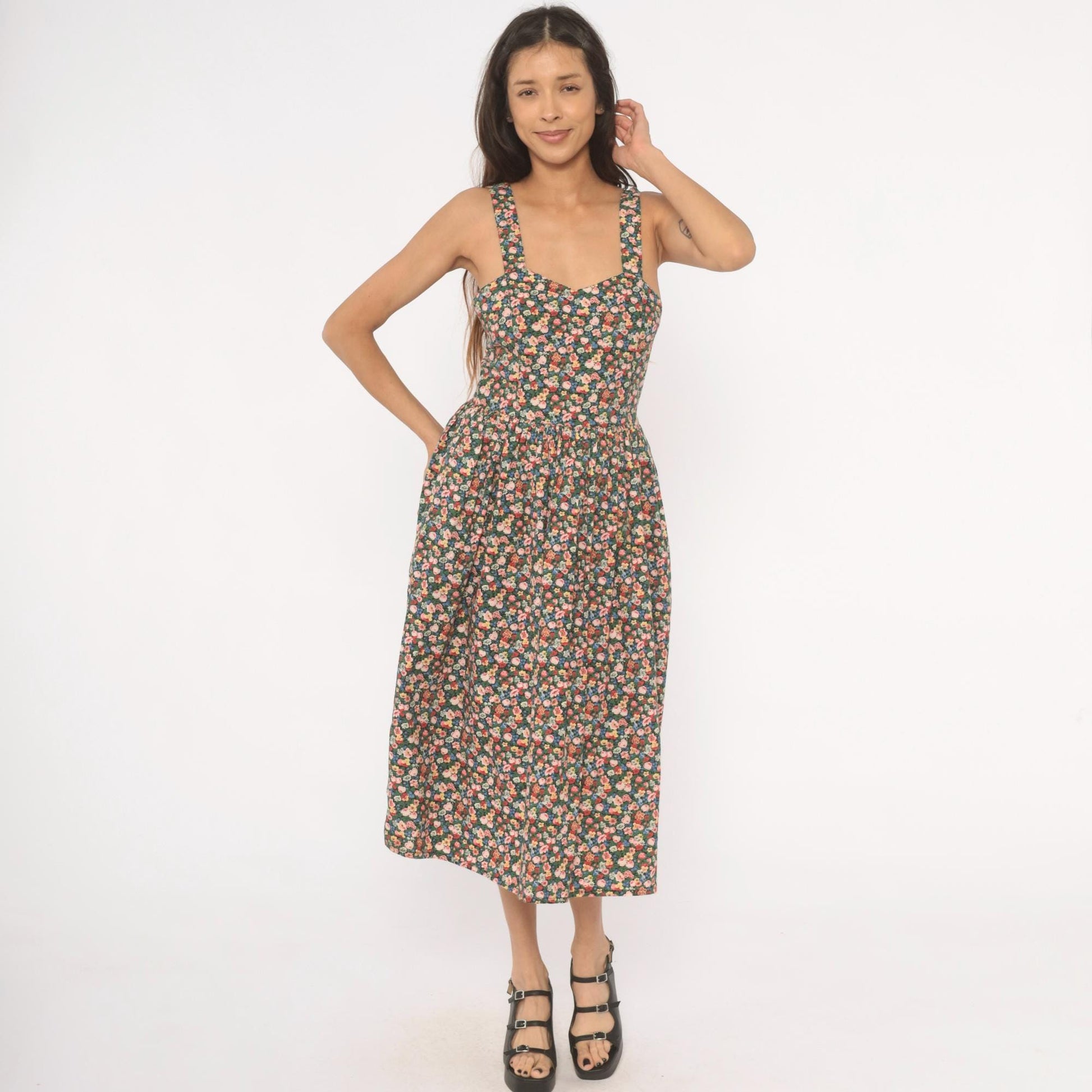 90s The Limited Floral Midi Sundress Calico Print Sweetheart Neckline Small