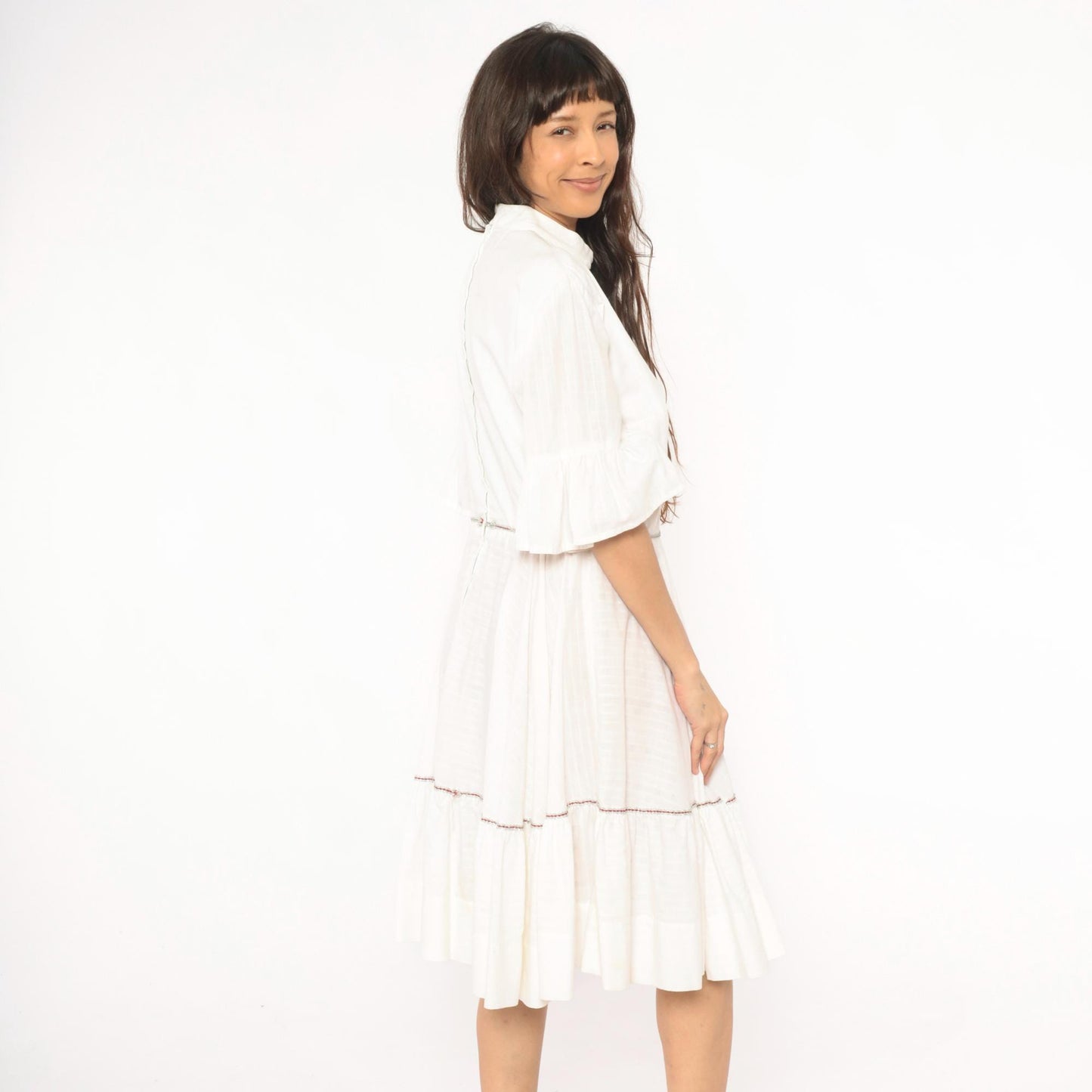 60s Ivory Prairie Dress Tiered Ruffle Bell Sleeve Cotton Knee Length Large L
