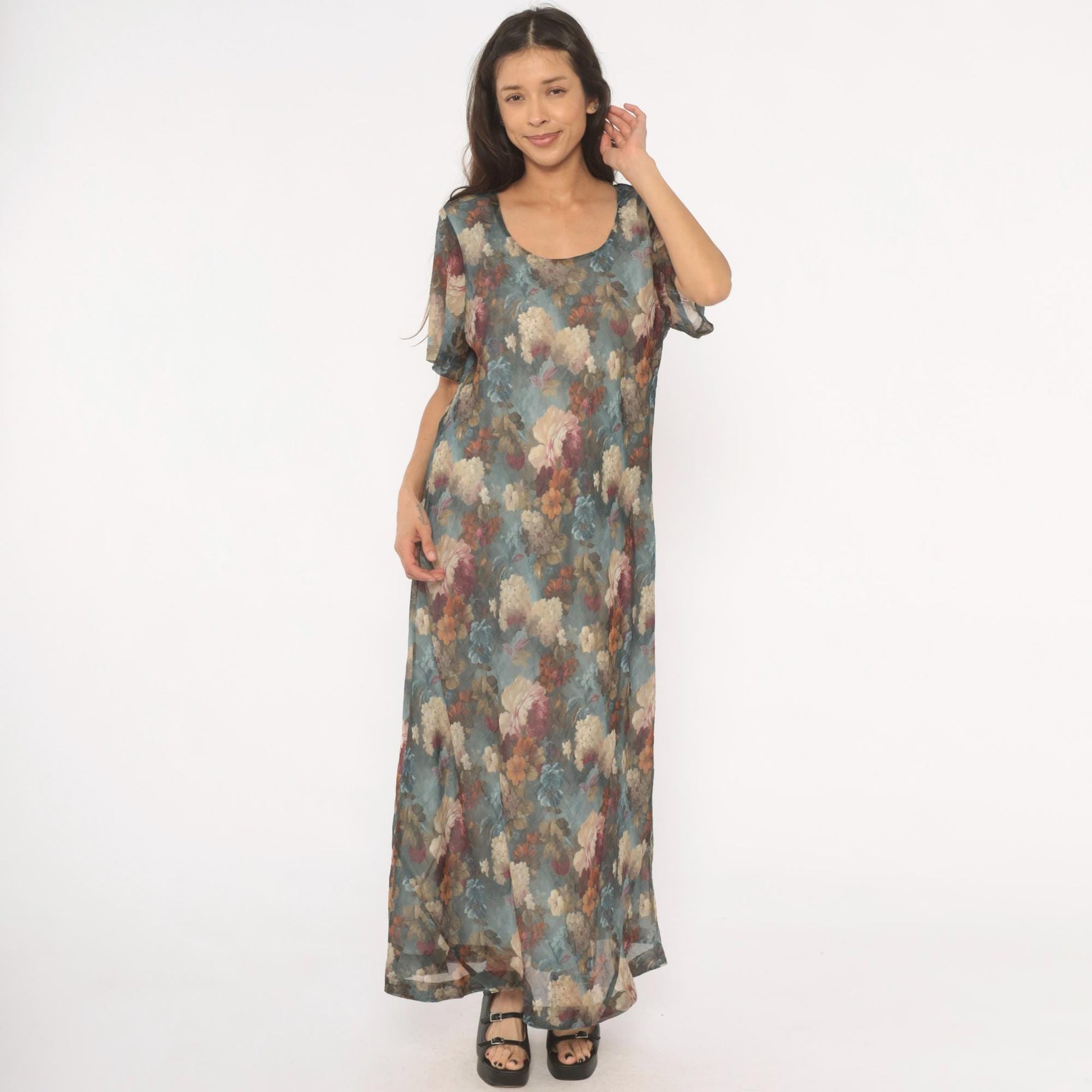 90s De Frantoria Floral Maxi Dress Slate Blue Cream Chiffon Short Sleeve Extra Large XL