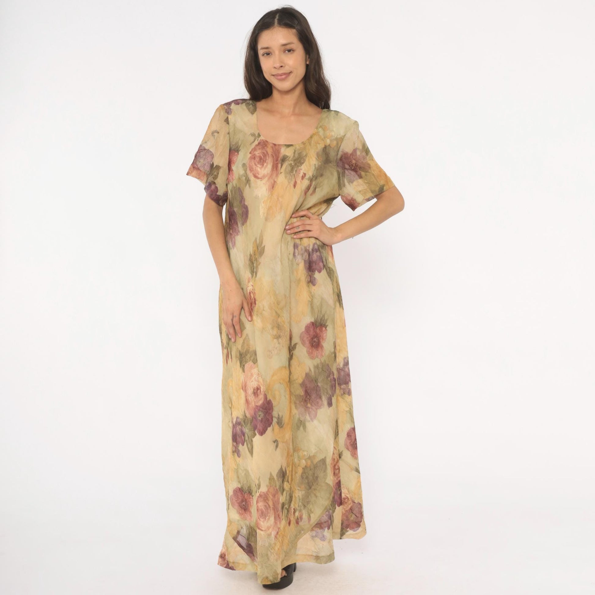 90s DE Frantoria Floral Maxi Dress Cream Rose Print Flutter Sleeve Extra Large