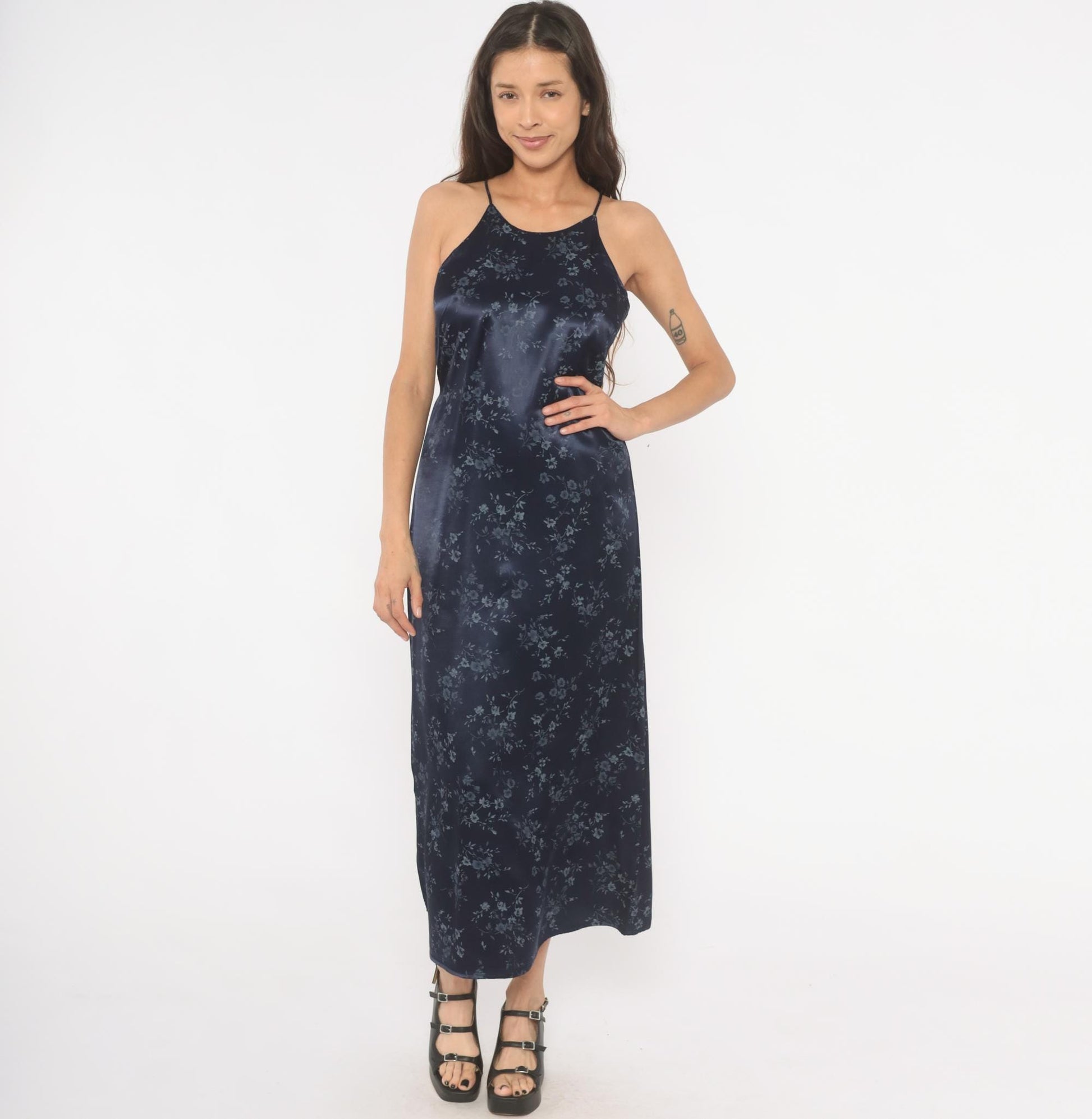 90s Navy Satin Halter Maxi Dress Floral Print Tie Back Small S