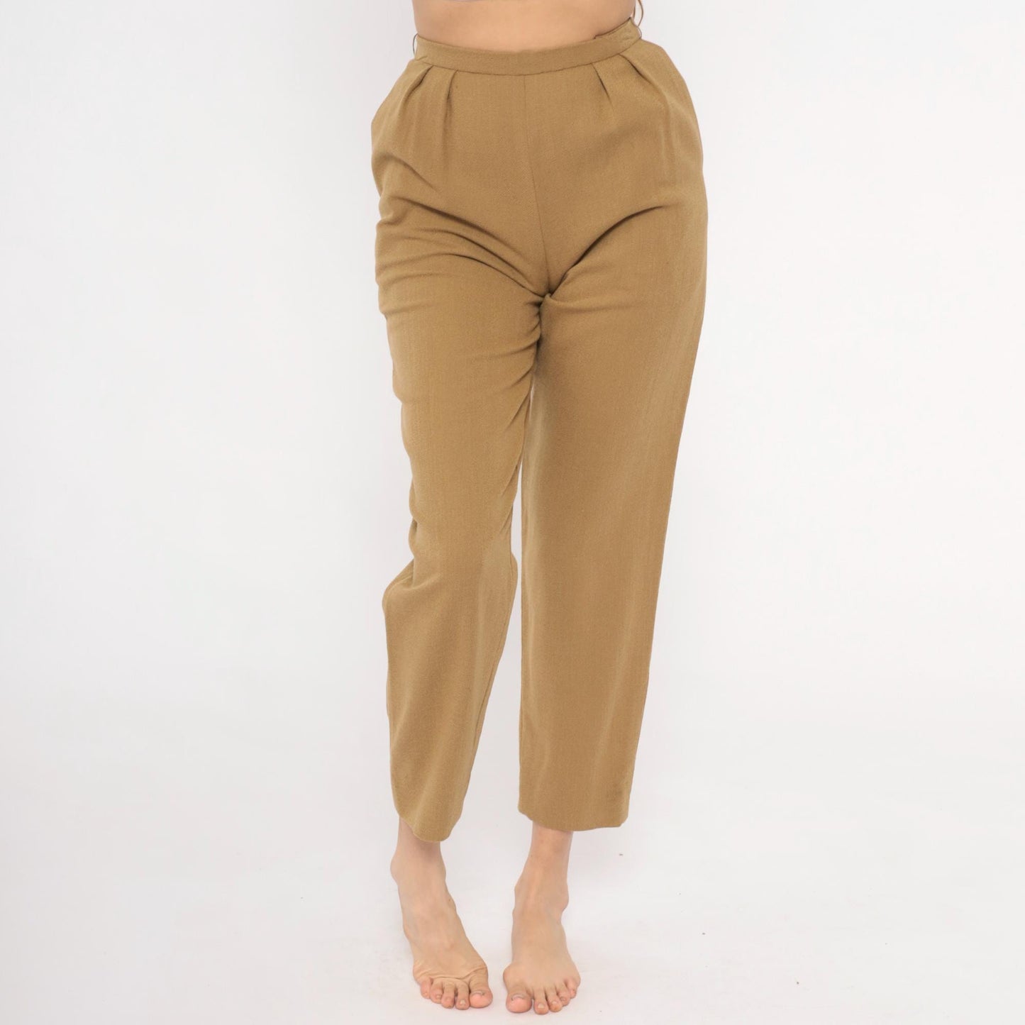 80s Tan Pleated High-Waist Wool Trousers Tapered Ankle Crop Extra Small