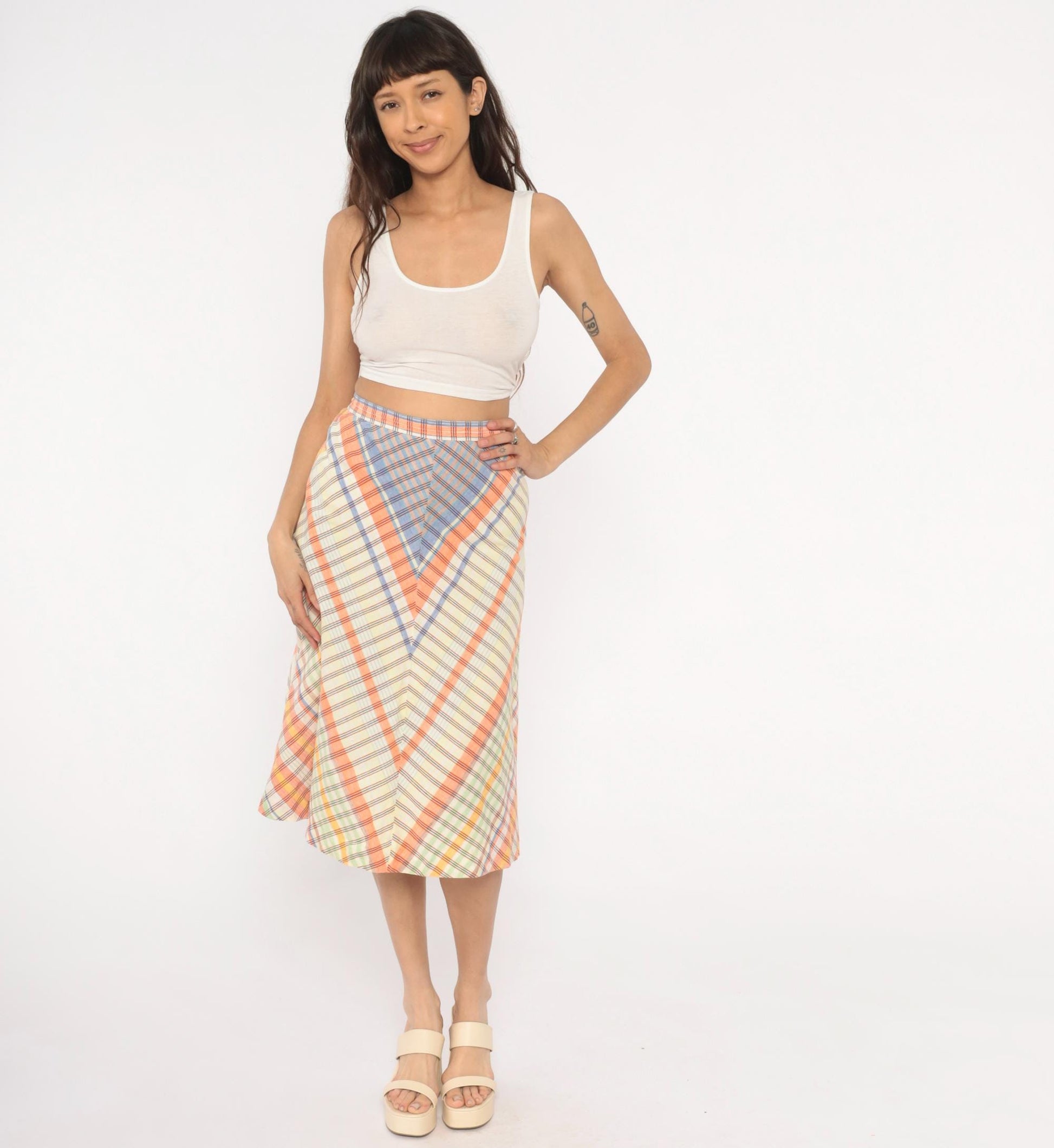 70s The Villager Chevron Plaid Skirt Multicolor Midi Small S
