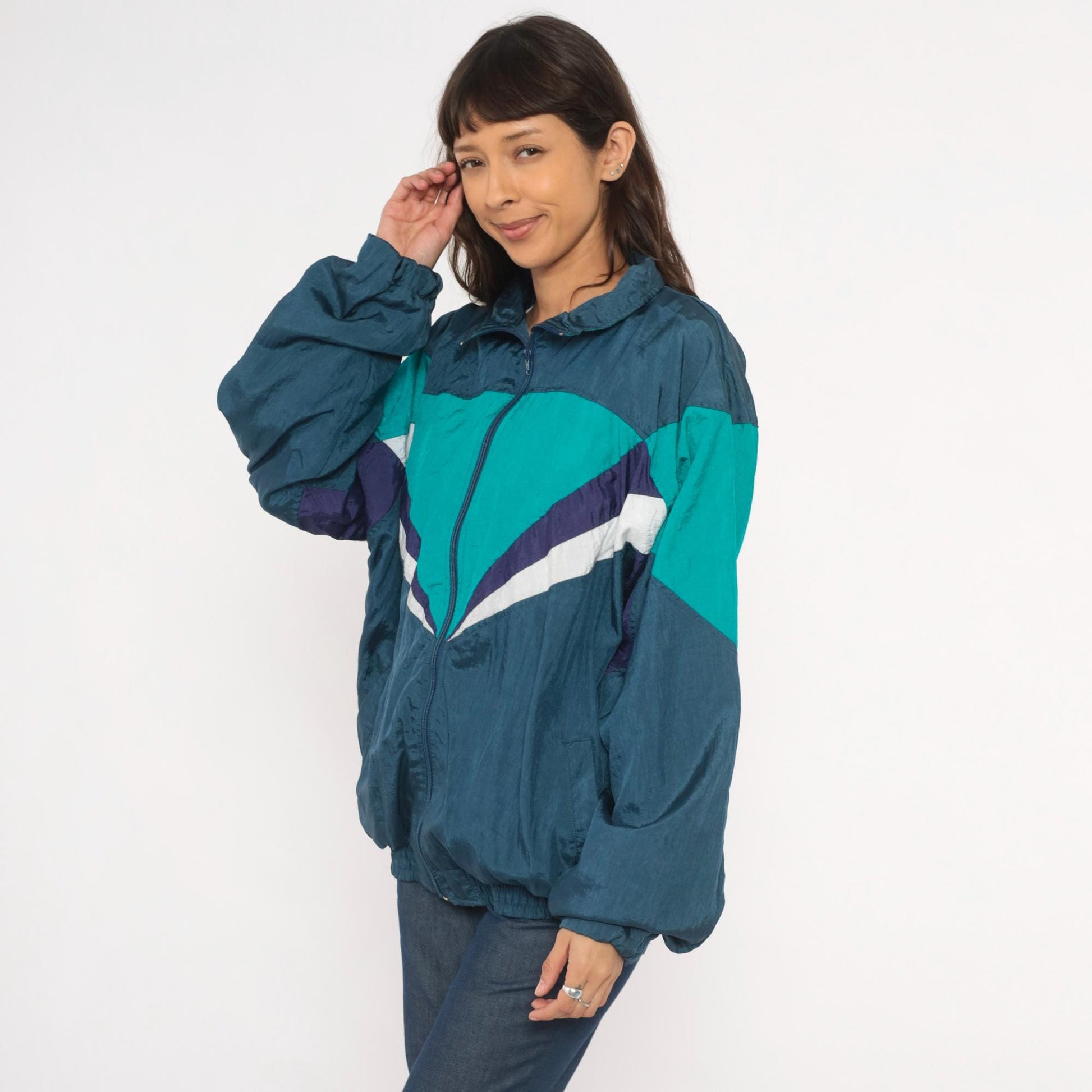 90s Champs Style Windbreaker Chevron Colorblock Teal Navy Purple XL
