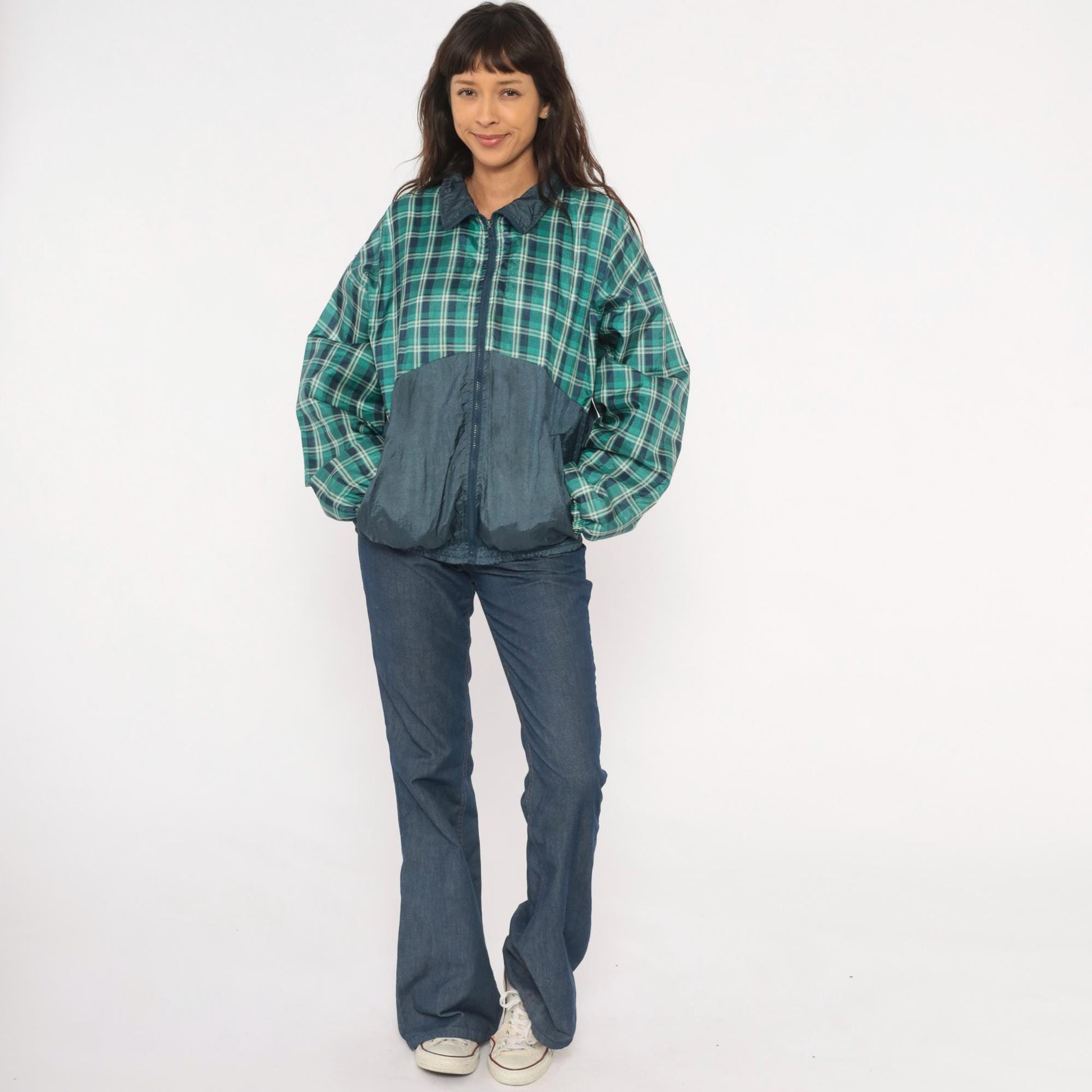 90s Honors Green Plaid Windbreaker Jacket Navy Colorblock Nylon Extra Large XL