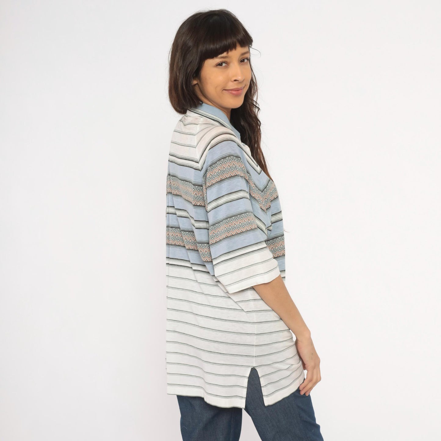80s Grand Slam Southwestern Polo Striped Knit Diamond Jacquard Sky Blue Large L