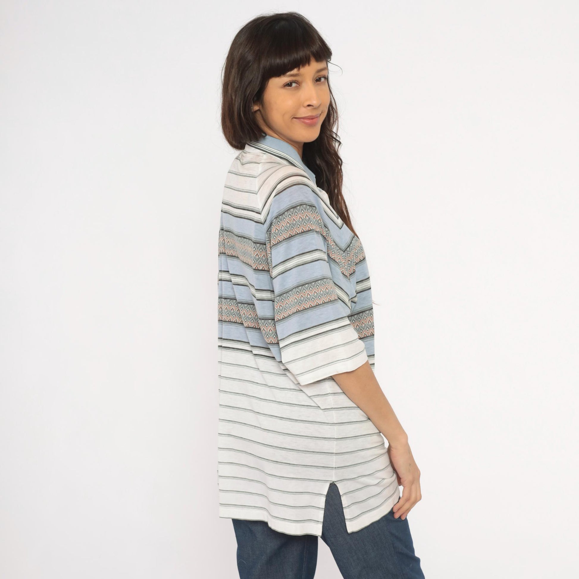 80s Grand Slam Southwestern Polo Striped Knit Diamond Jacquard Sky Blue Large L