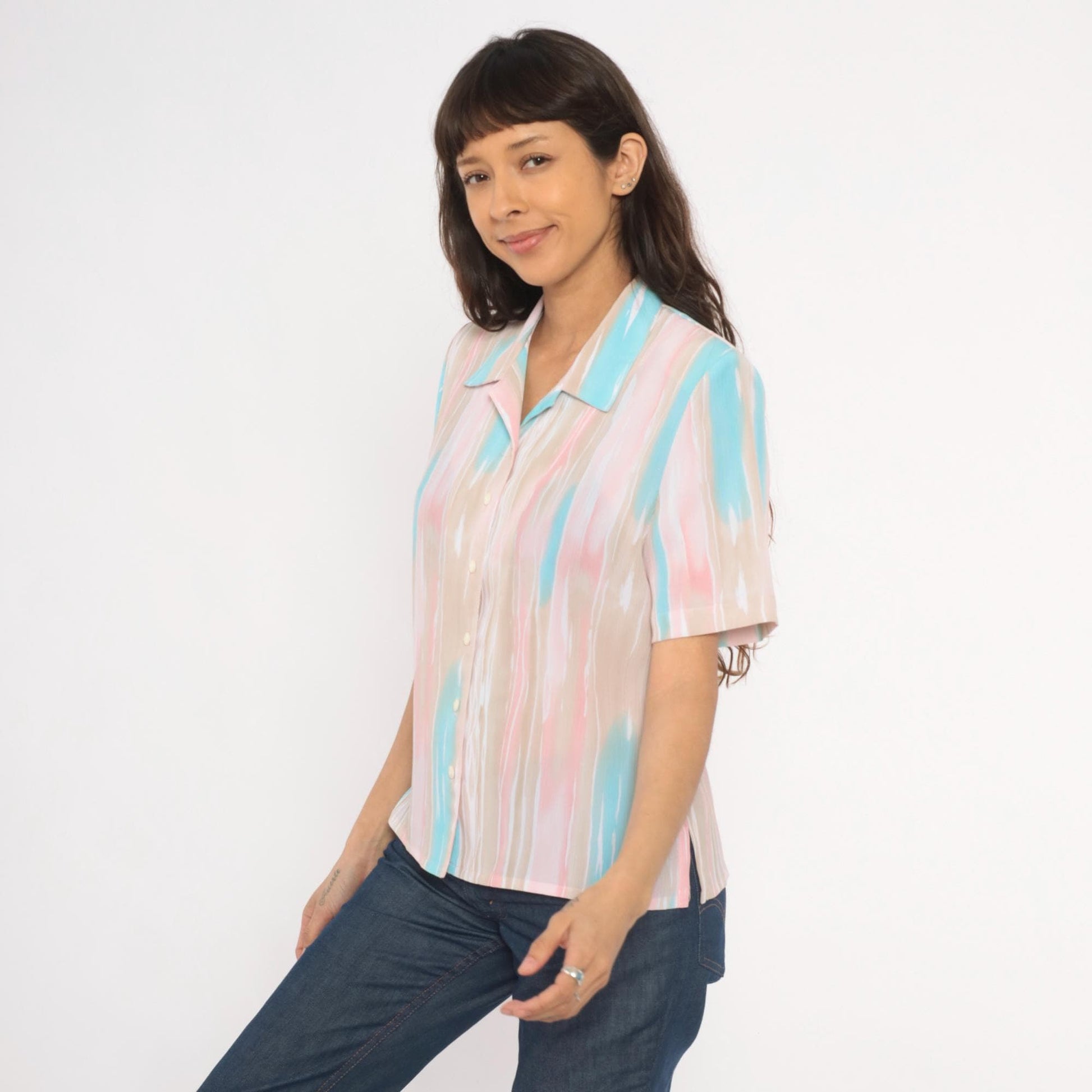 80s Allison Daley Pastel Striped Camp Collar Blouse Small Petite