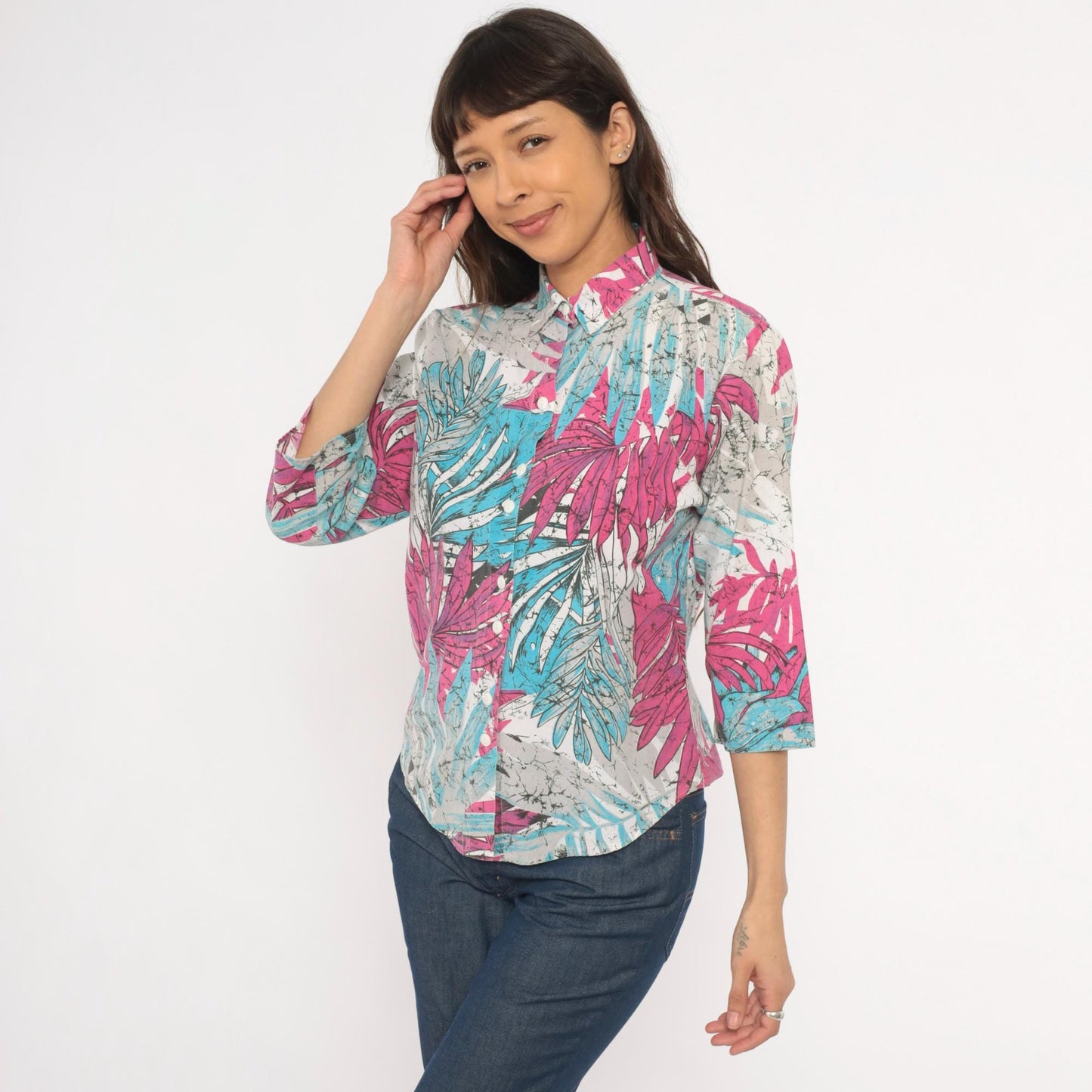 90s Tropical Batik Button Blouse Pink Teal Palm Leaf Three Quarter Sleeve Medium M