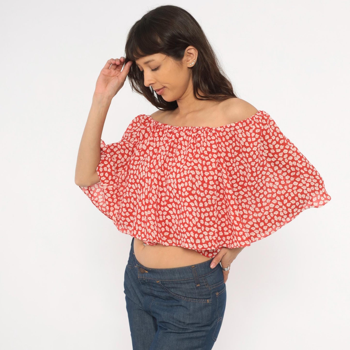 90s Red Floral Off-Shoulder Crop Top Flutter Sleeve White Leaf Print Small