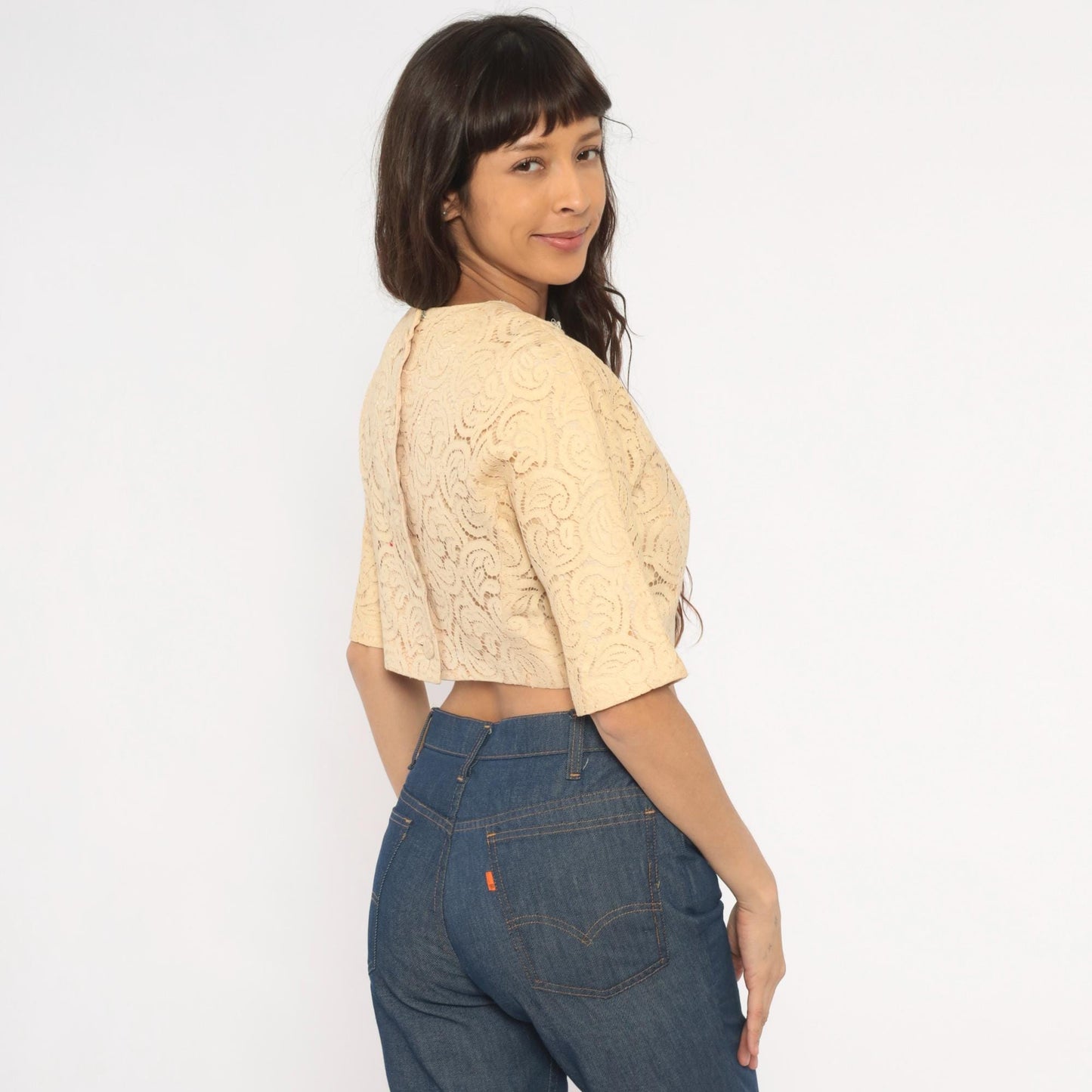 70s Carol Craig Cream Lace Crop Top Swirl Pattern Half Sleeve Medium M