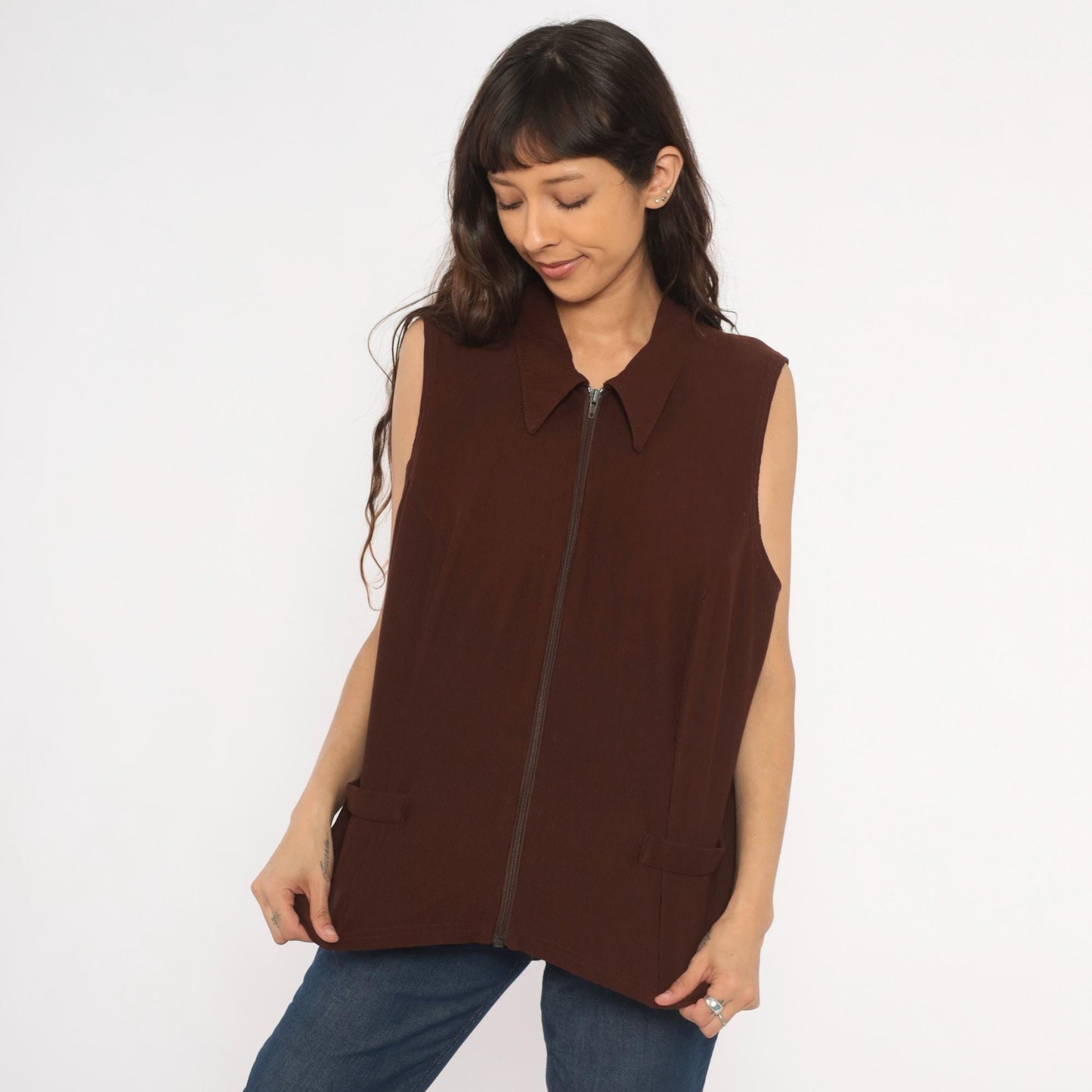 90s New Woman Brown Ribbed Knit Vest Pointed Collar Zip-Front Extra Large XL