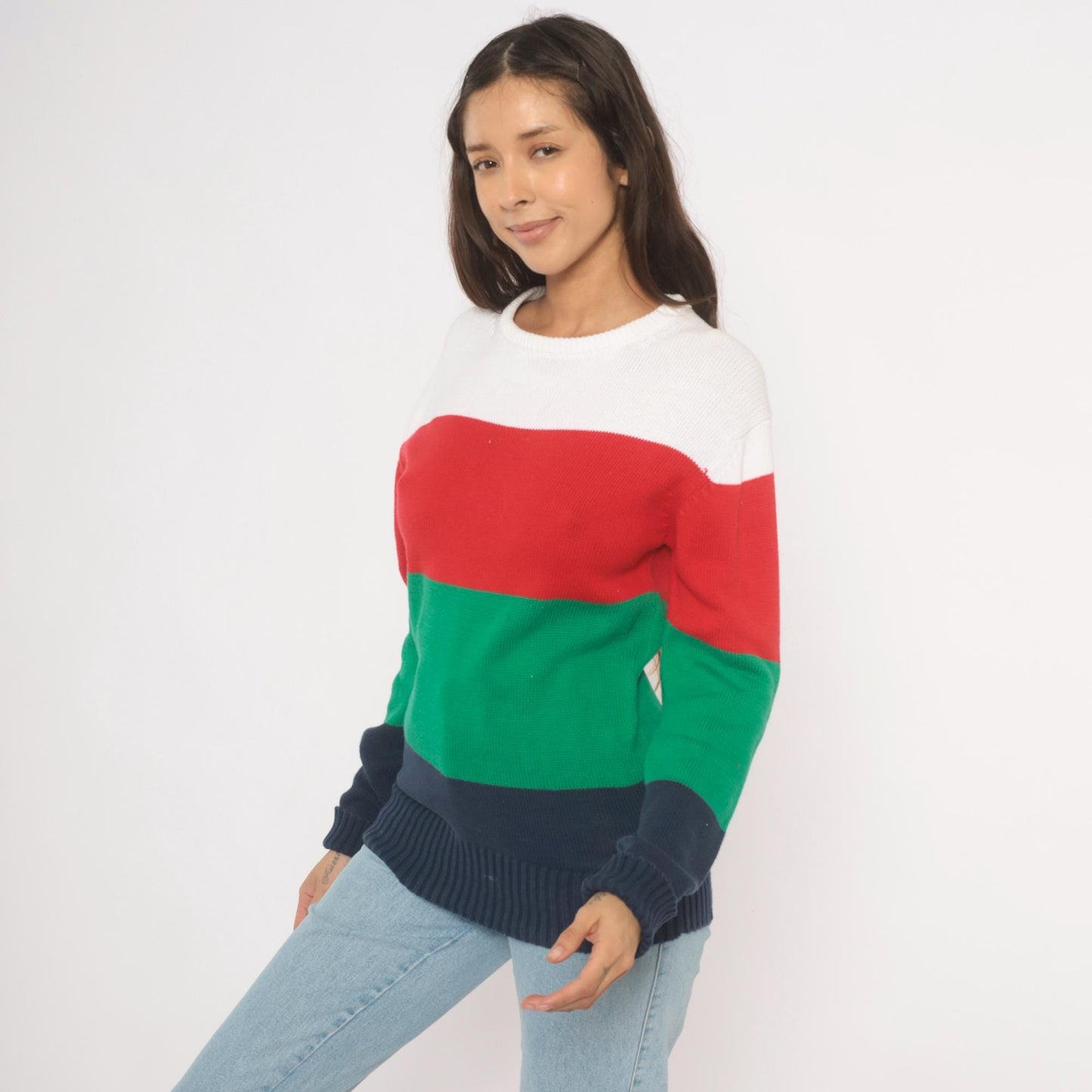 90s Boston Traders Color Block Knit Sweater Navy Green Red White Medium M