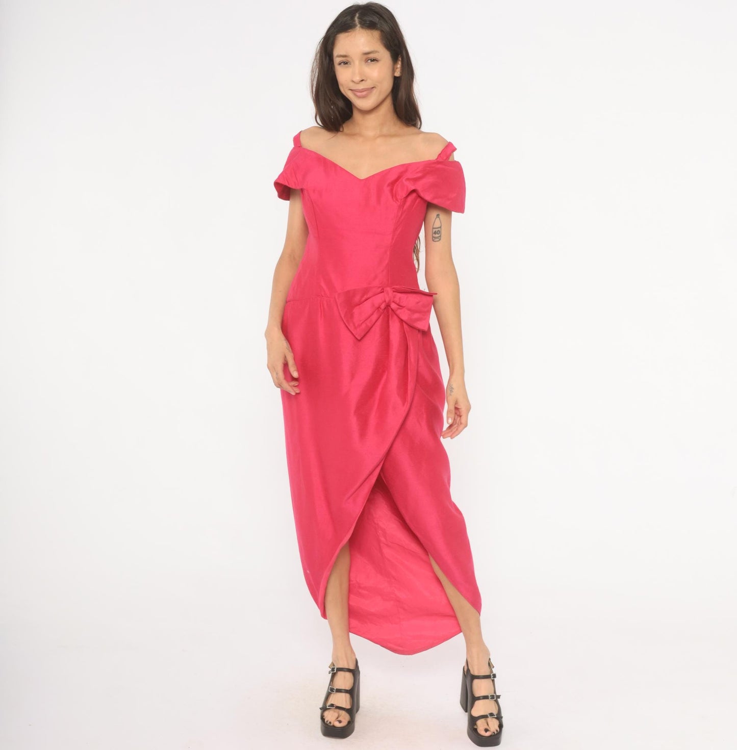 80s Hot Pink Off-Shoulder Maxi Gown Sweetheart Neckline Bow Tulip Skirt Large L