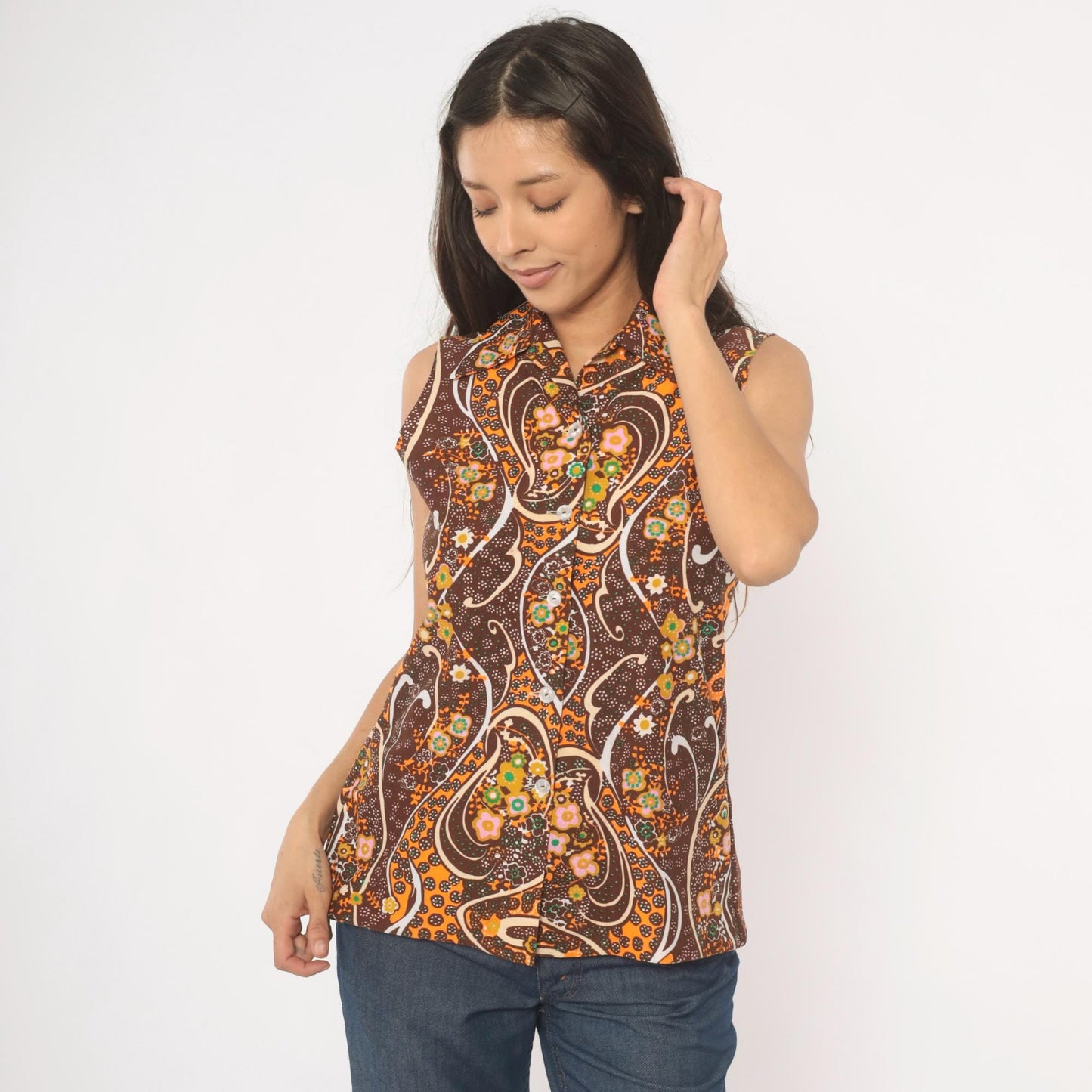 70s Psychedelic Paisley Sleeveless Blouse Brown Orange Floral Swirl Medium M