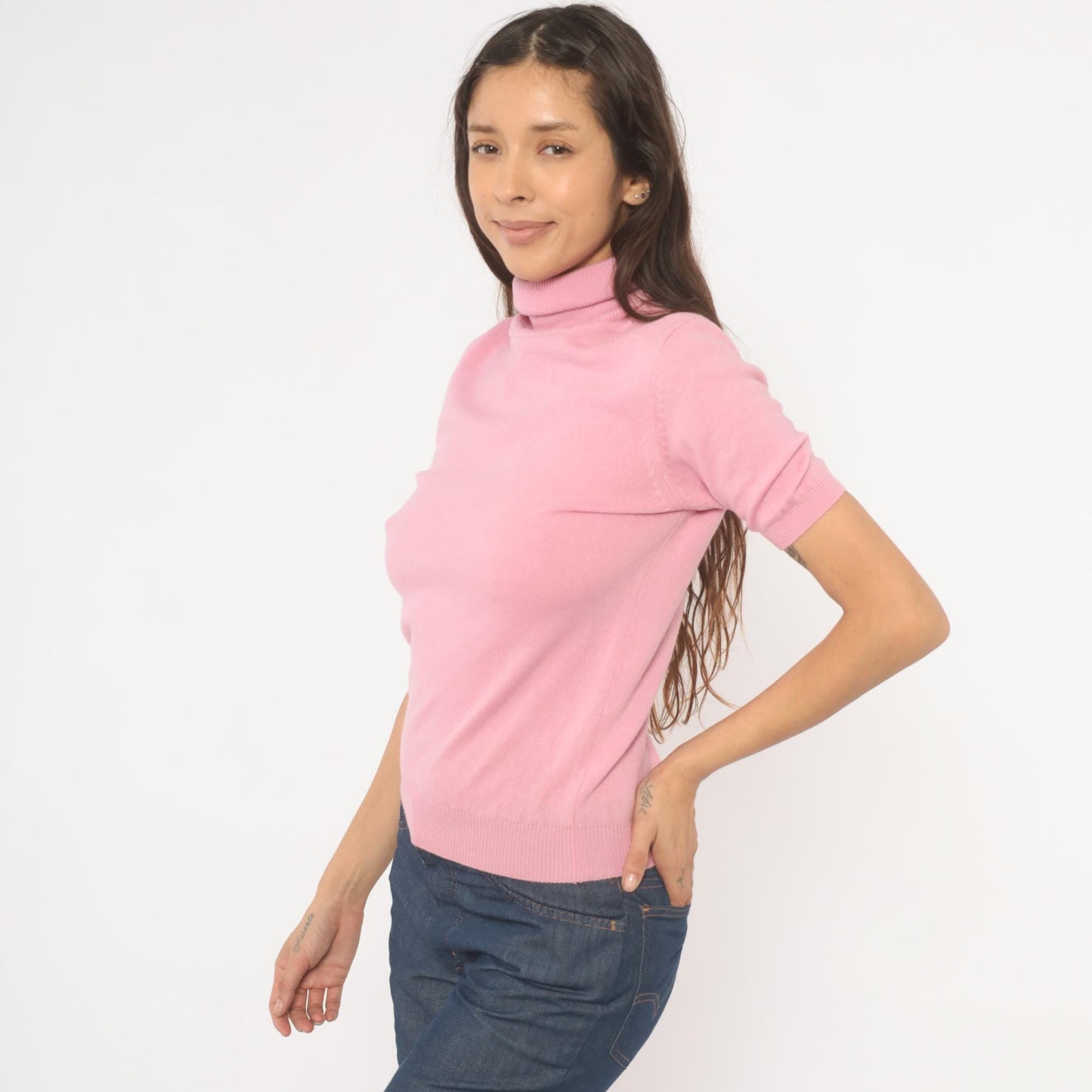 2000s Donna Gray Cashmere Turtleneck Pullover Pink Short Sleeve Small S
