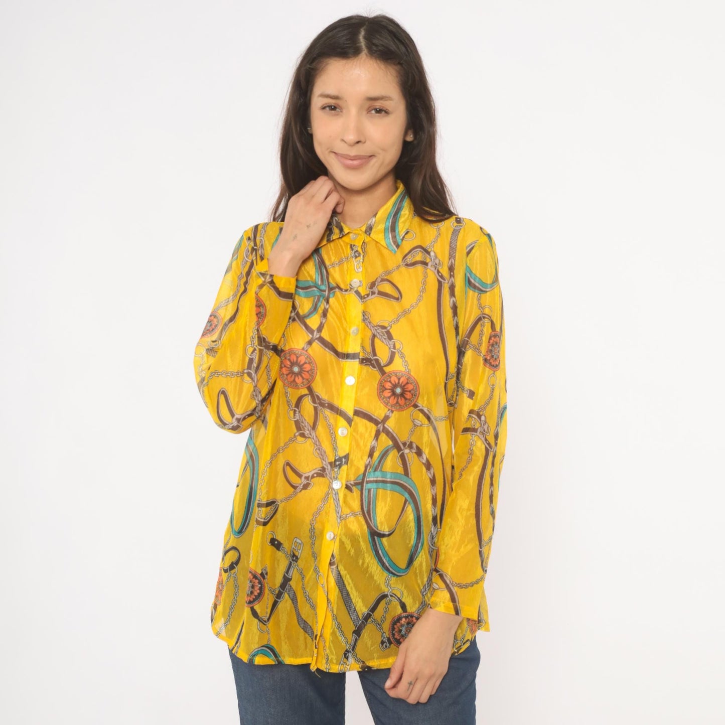 2000s Equestrian Chain Belt Print Sheer Blouse Mustard Gold Long Sleeve Large L