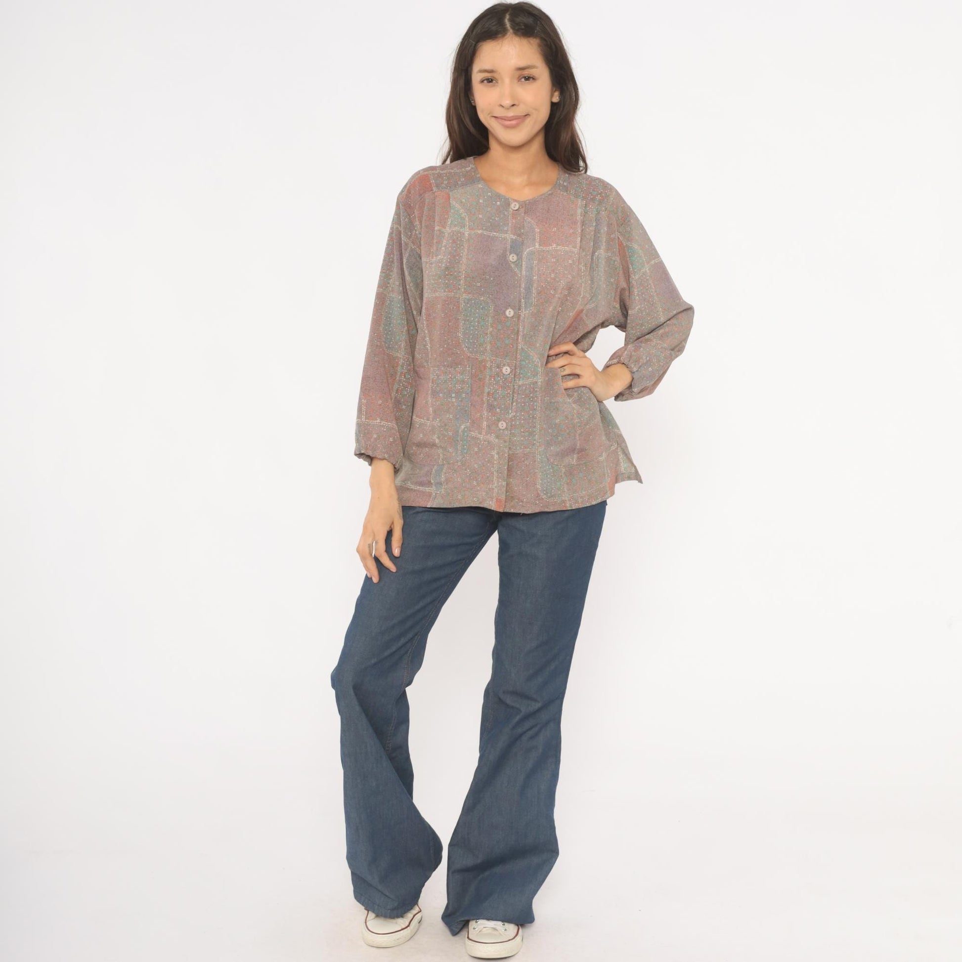 90s Patchwork Print Button-Front Blouse Grey Purple Geometric Large L