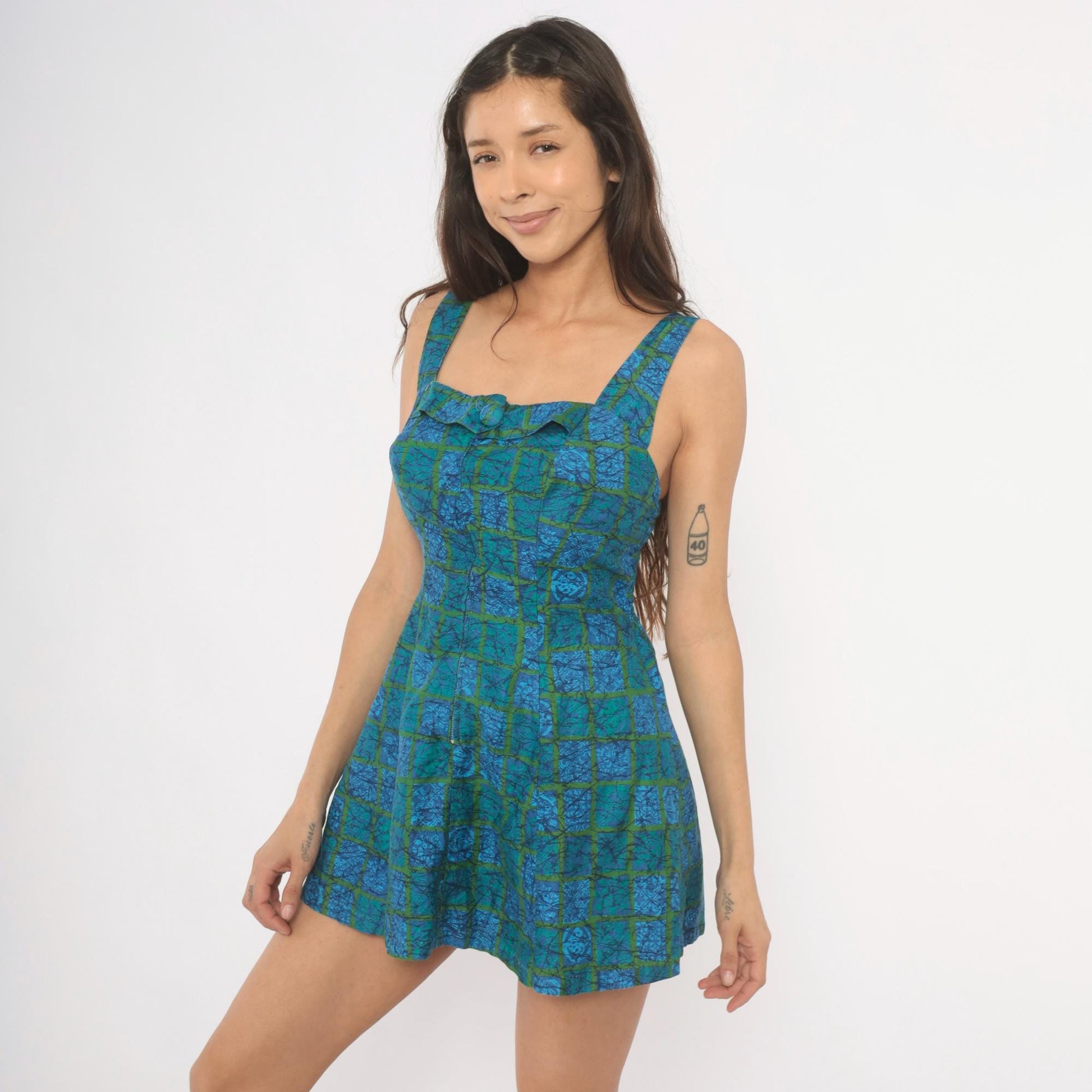 1950s Blue Batik Mini Dress Square Neck Ruffle Cotton Blend Small S