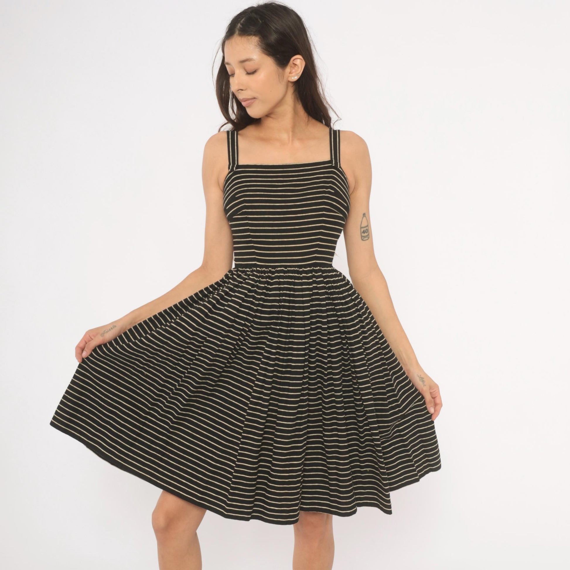 50s Lanz Original Black Pinstripe Sundress Square Neck Spaghetti Strap Extra Small