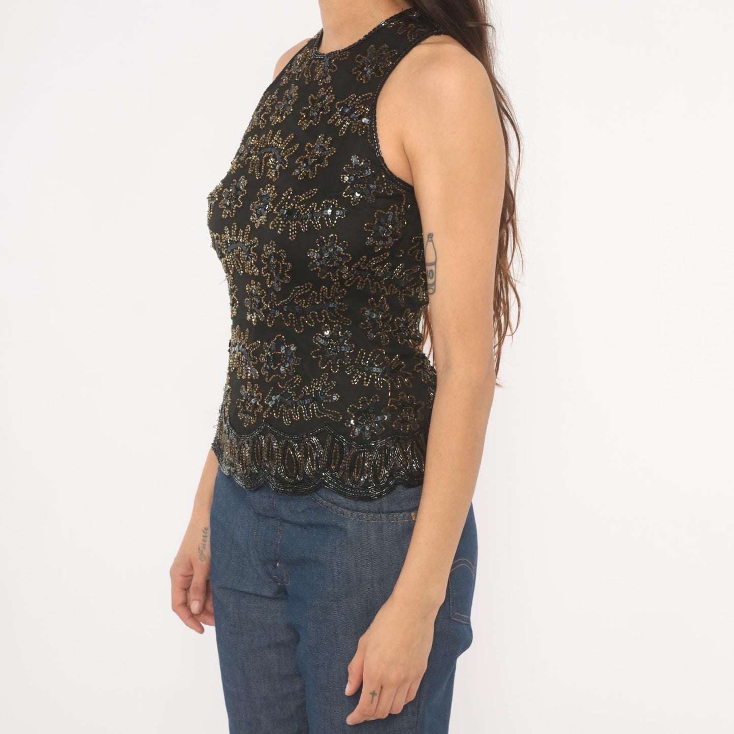90s Stenay Black Silk Beaded Sequin Tank Top Floral Gold Bronze Small S