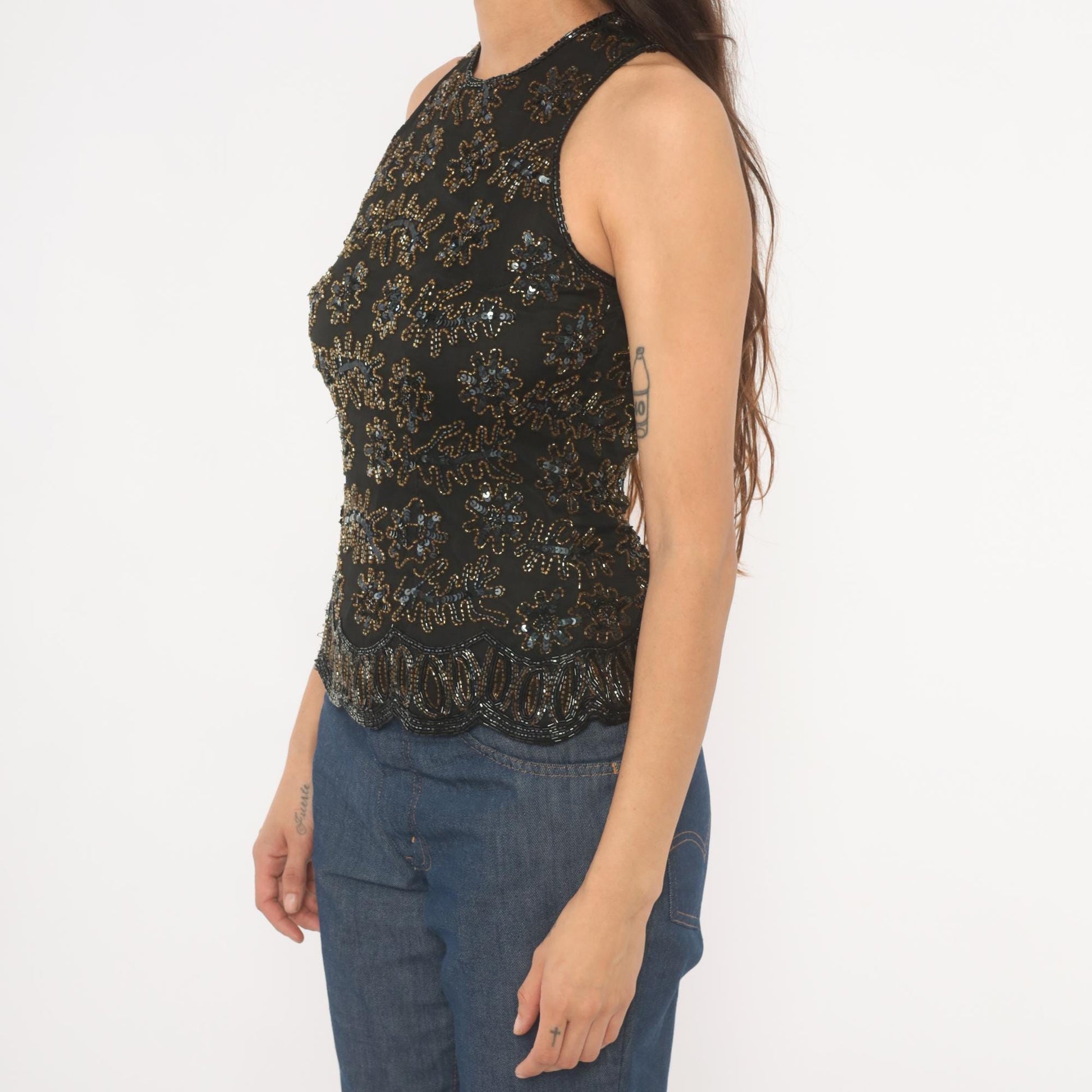 90s Stenay Black Silk Beaded Sequin Tank Top Floral Gold Bronze Small S