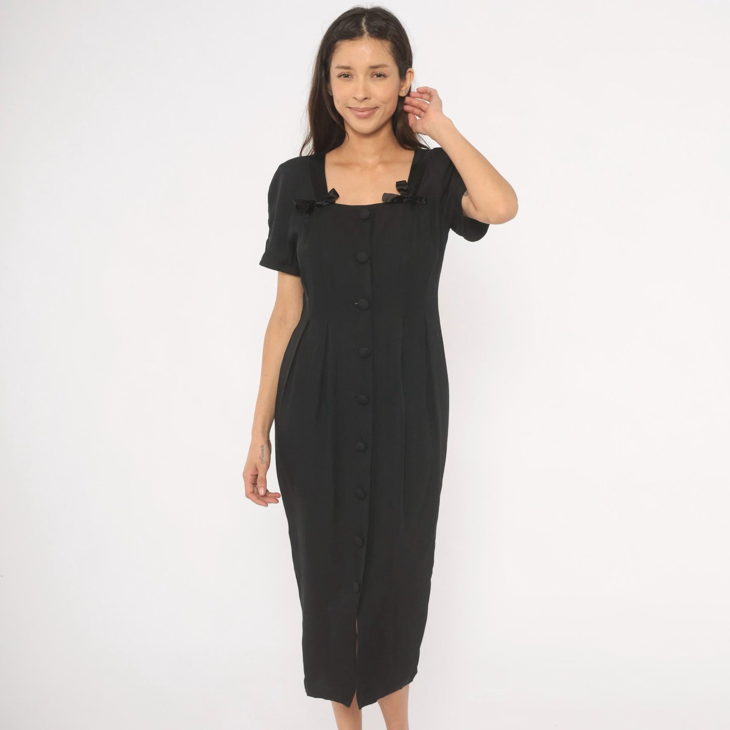 90s Atina by Karon Crosby Black Midi Dress Square Neck Bow Detail Medium