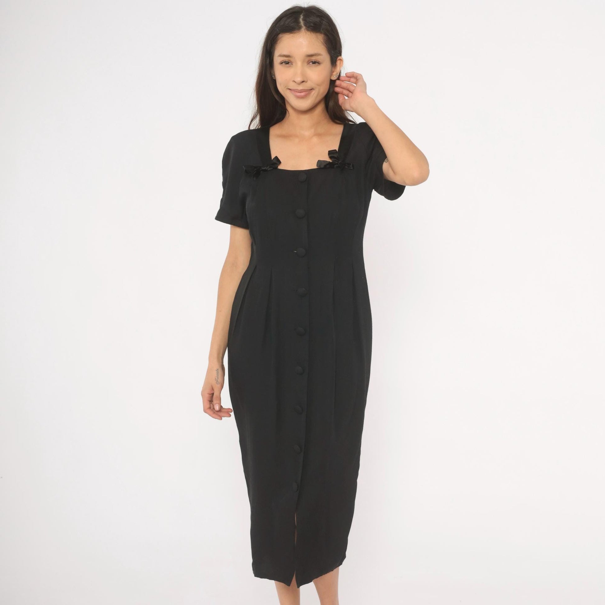 90s Atina by Karon Crosby Black Midi Dress Square Neck Bow Detail Medium
