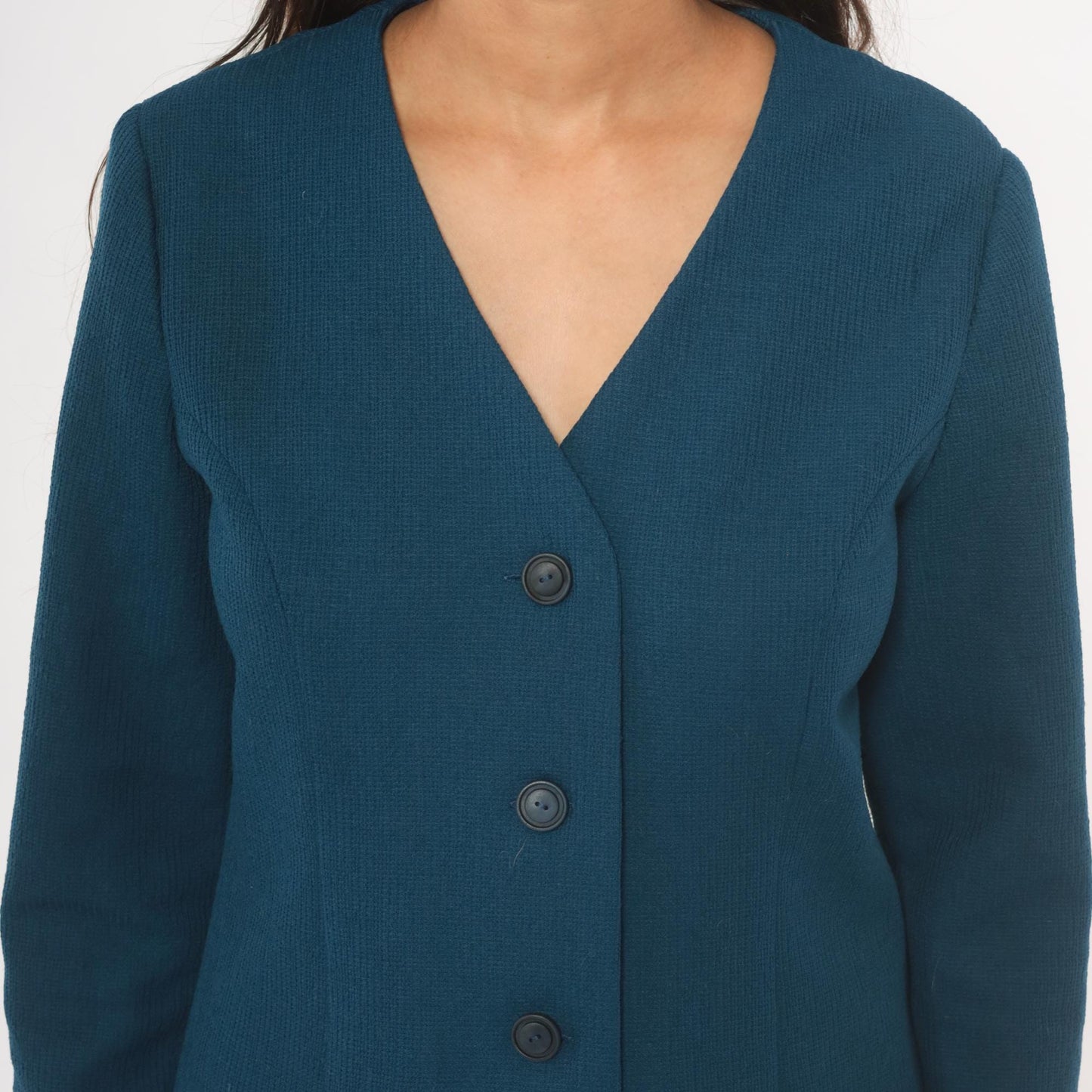 70s Navy Blazer V-Neck Collarless Button-Front Jacket Patch Pockets Small