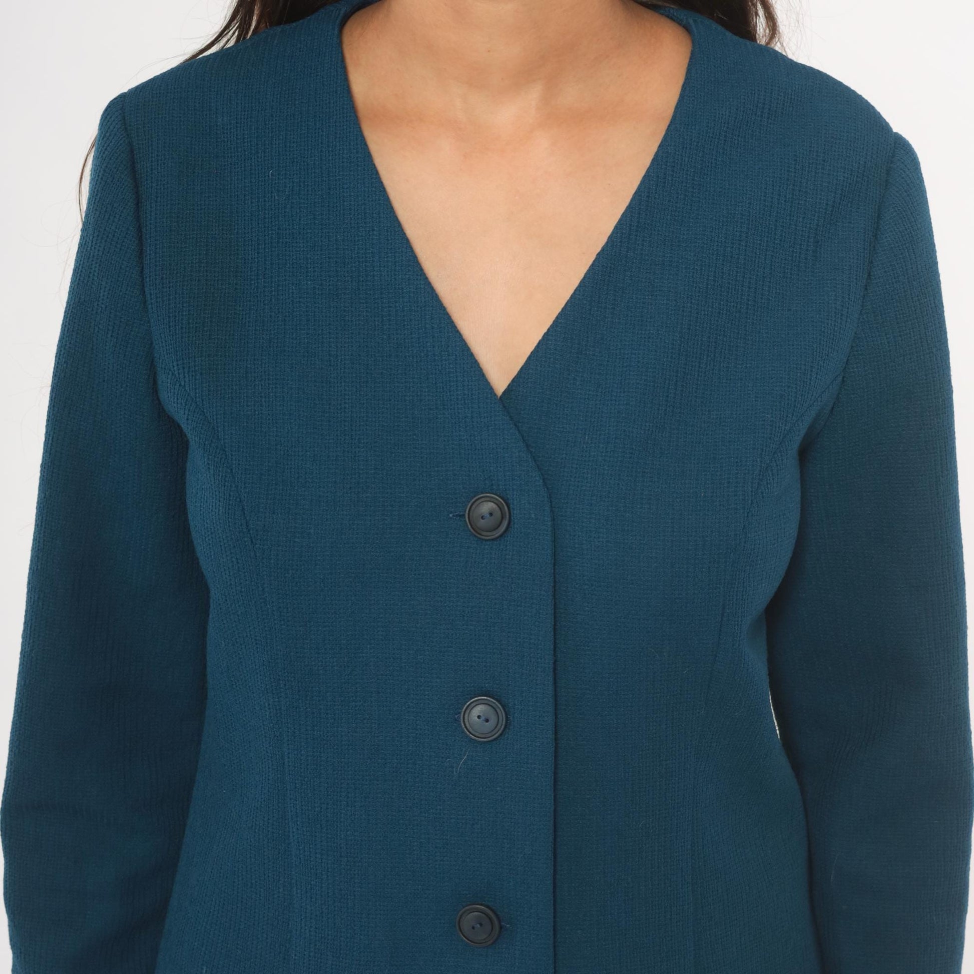 70s Navy Blazer V-Neck Collarless Button-Front Jacket Patch Pockets Small