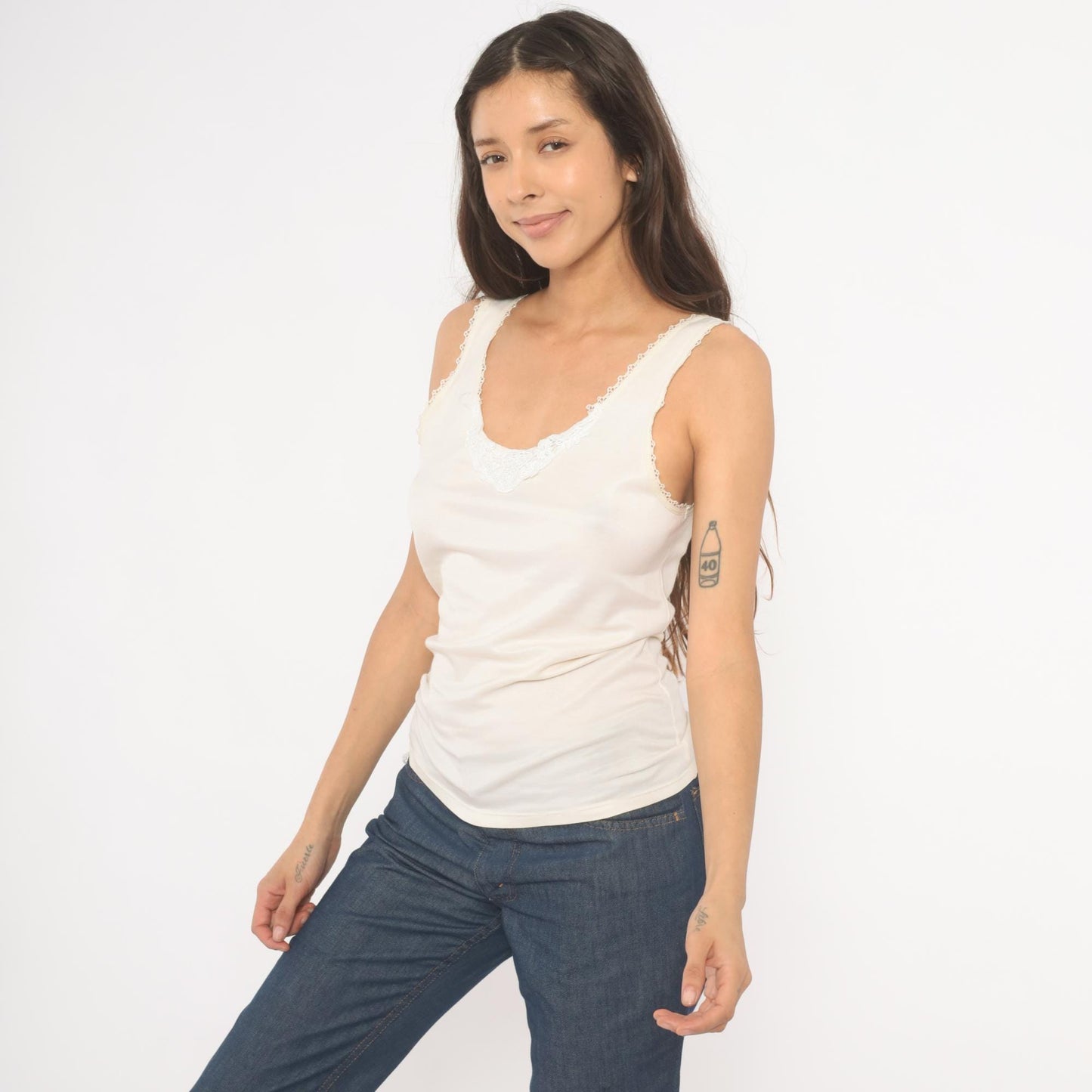80s Ivory Camisole Lace Trim Scoop Neck Tank Top Small S
