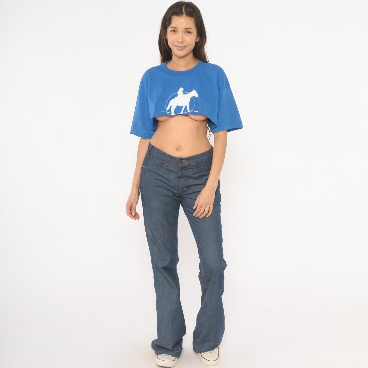 90s Fruit of the Loom Cowboy Horse Graphic Crop Tee Royal Blue Small