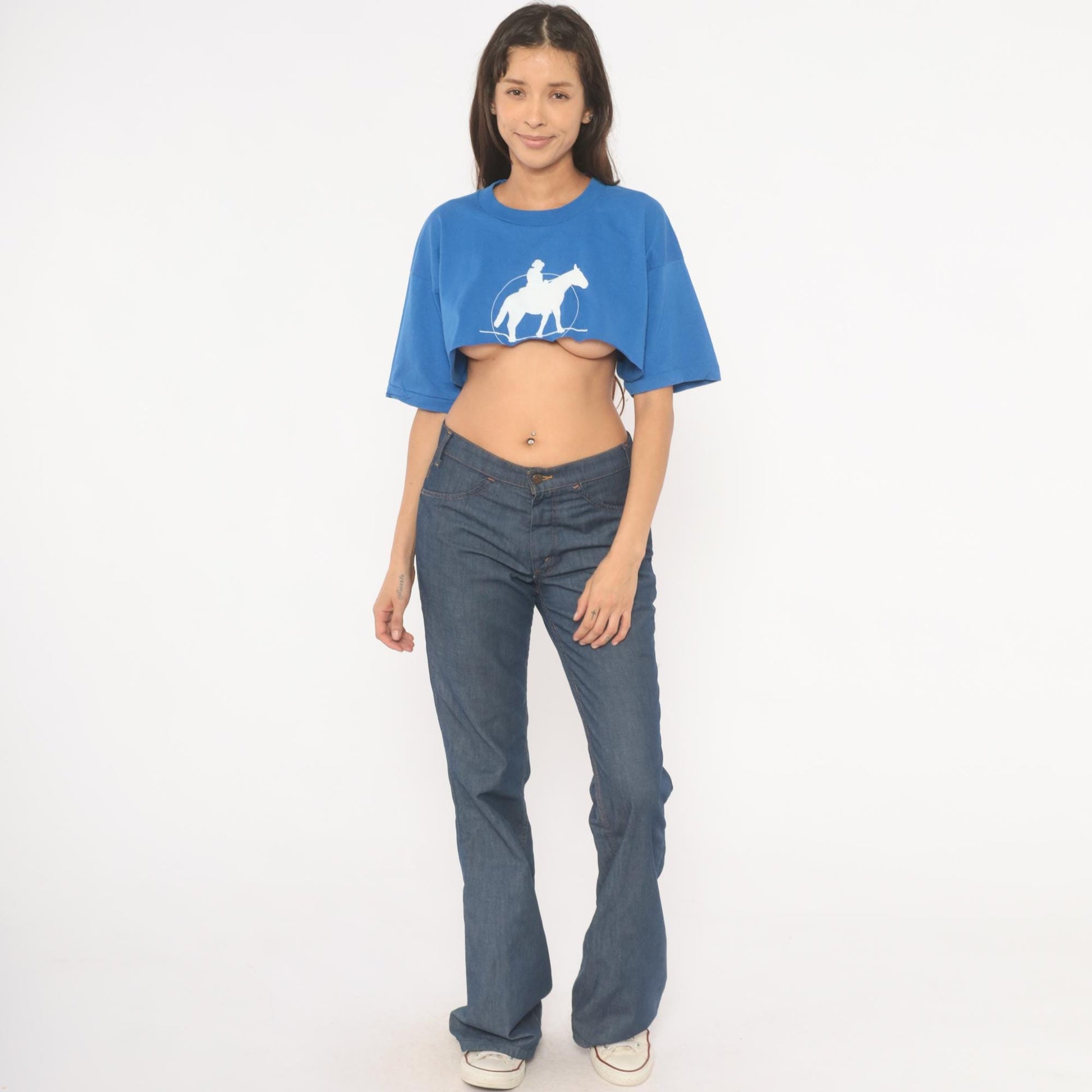 90s Fruit of the Loom Cowboy Horse Graphic Crop Tee Royal Blue Small
