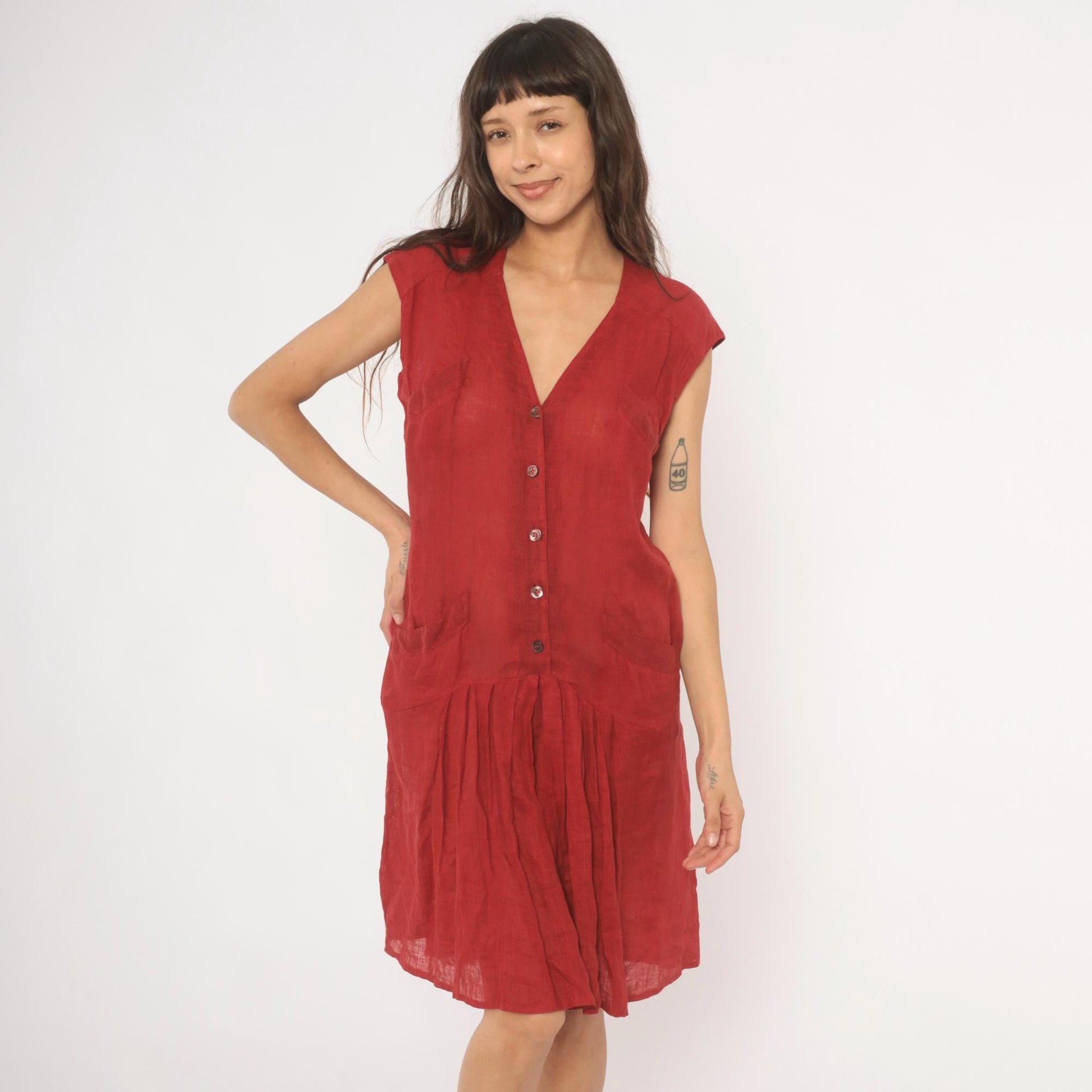 90s Laura Biagiotti Red Linen Dress V Neck Cap Sleeve Drop Waist Medium