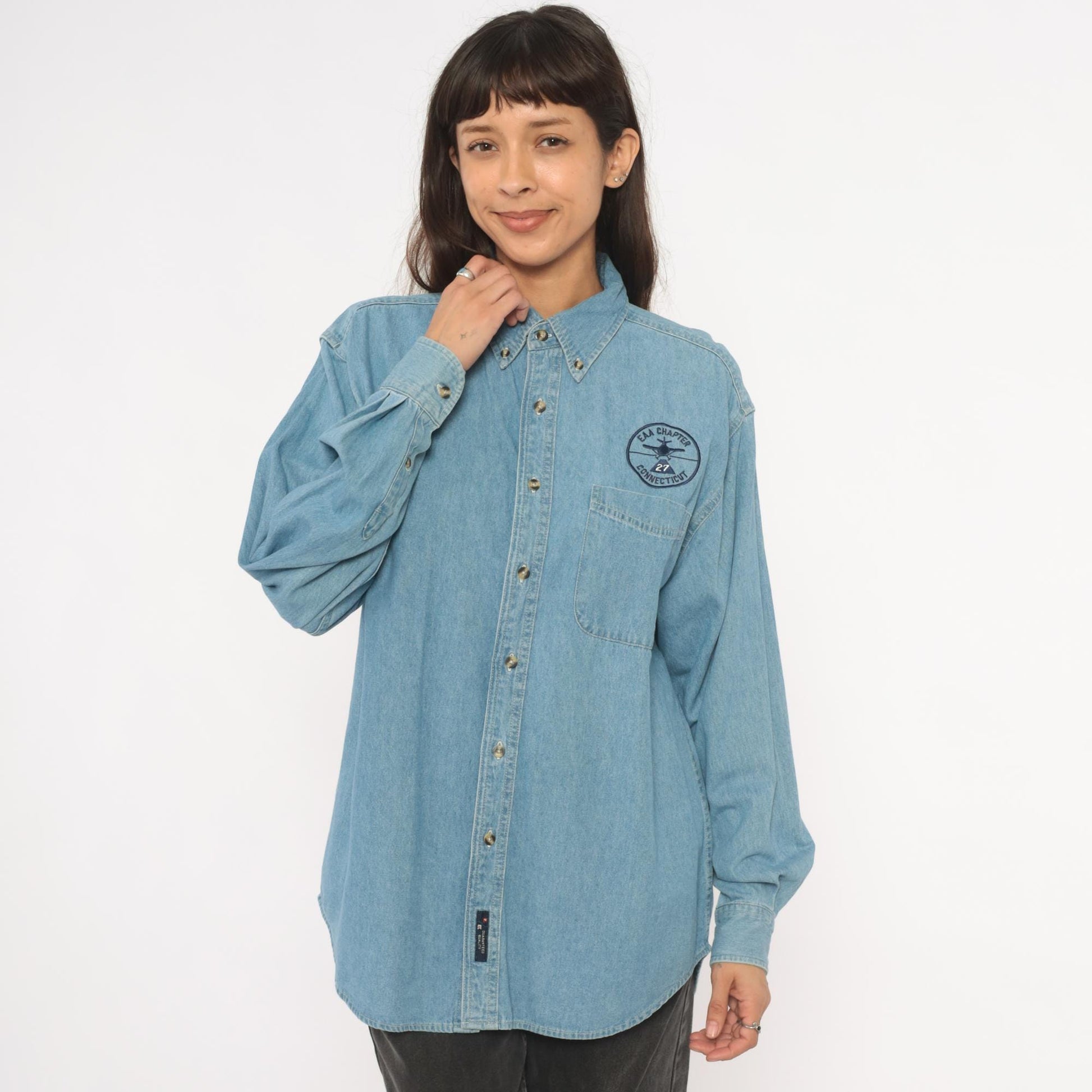2000s Port and Company Aviation Patch Denim Shirt Light Wash Blue Medium M