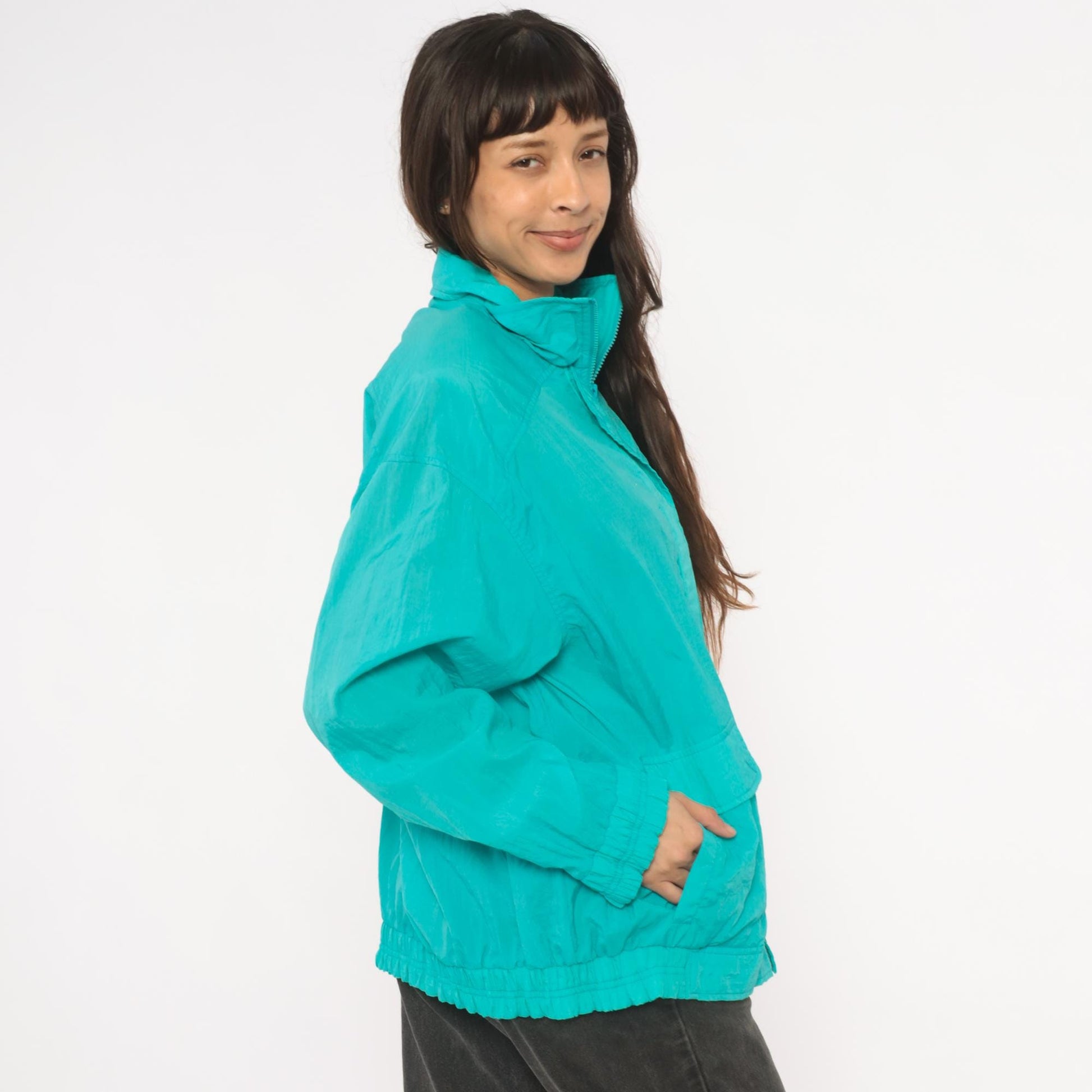 90s Koret Francisca Teal Windbreaker Jacket Raglan Snap Placket Large L