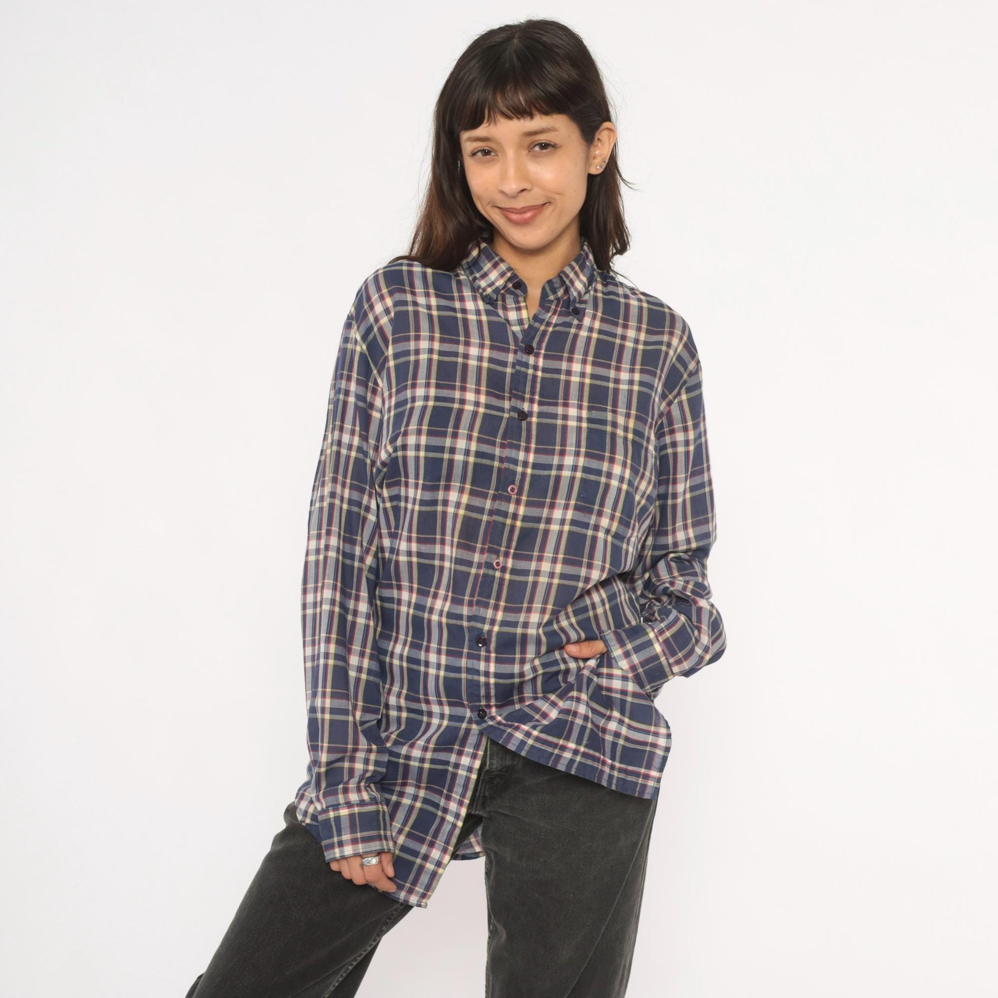 80s Men's Store Plaid Flannel Shirt Navy Blue Red Check Button Front Medium