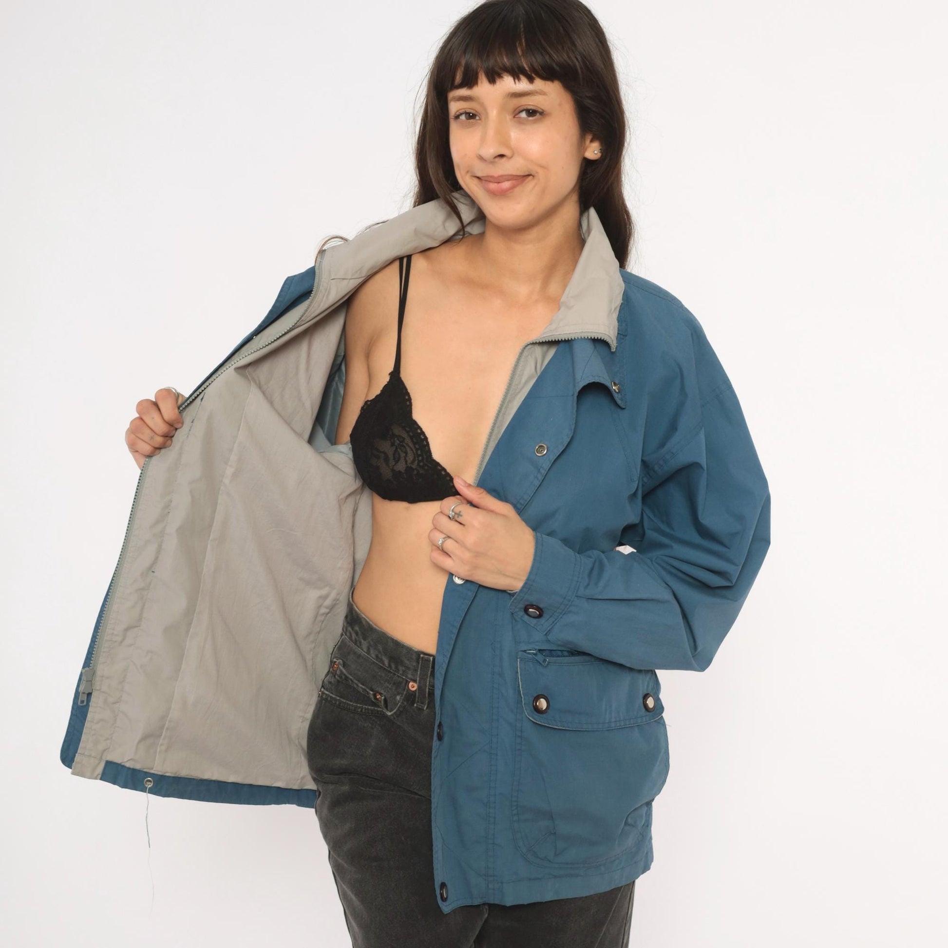 80s Whitefish Bay Slate Blue Field Jacket Grey Lined Utility Coat Small S