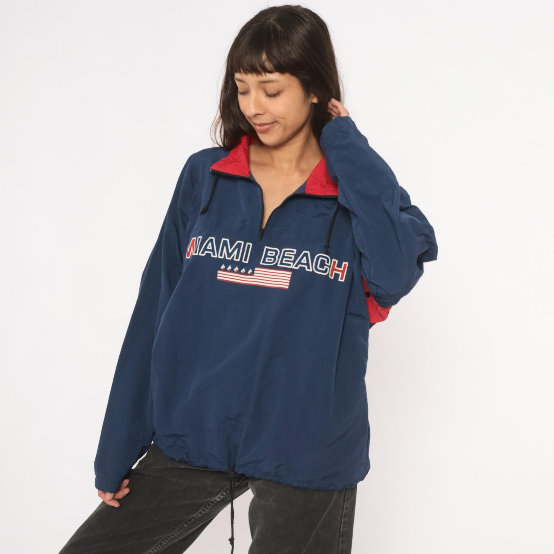 90s Uzzi Miami Beach Windbreaker Navy Half-Zip Nylon Jacket Red Collar Small
