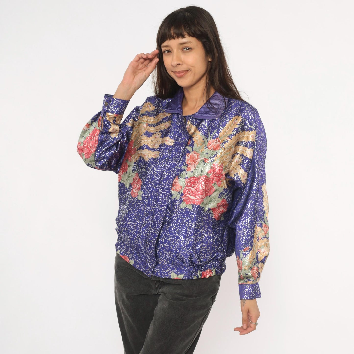 90s GDT Too Floral Metallic Bomber Jacket Purple Gold Reversible Satin Small Medium