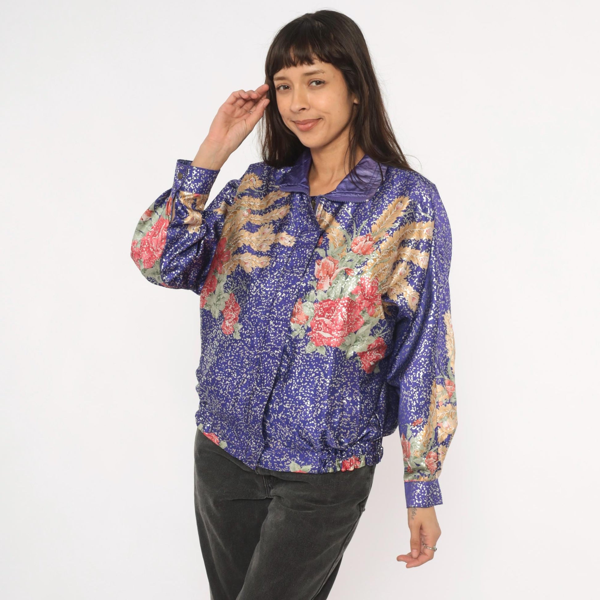 90s GDT Too Floral Metallic Bomber Jacket Purple Gold Reversible Satin Small Medium