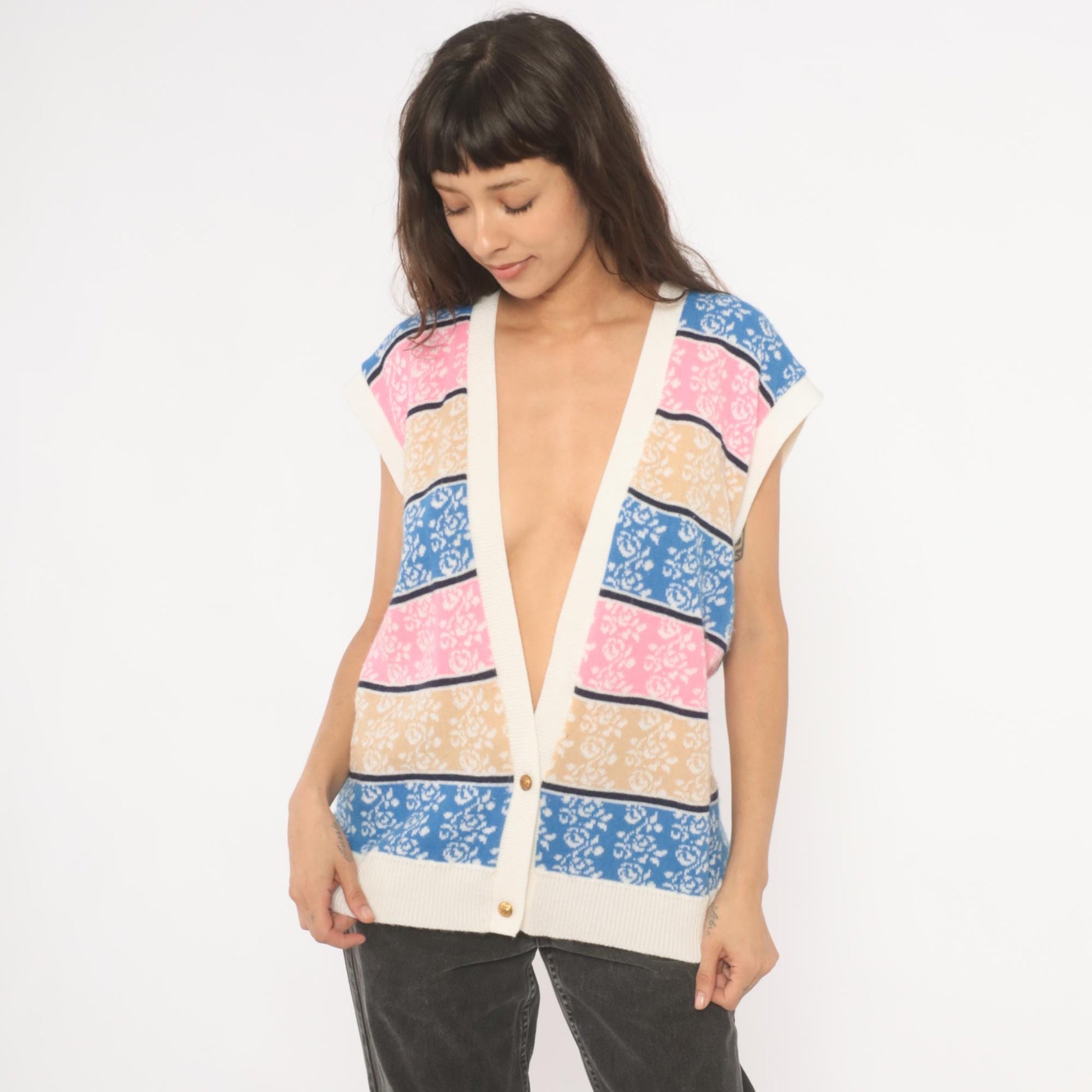 80s Floral Striped Sweater Vest V-Neck Knit Rose Print Blue Pink Cream Large