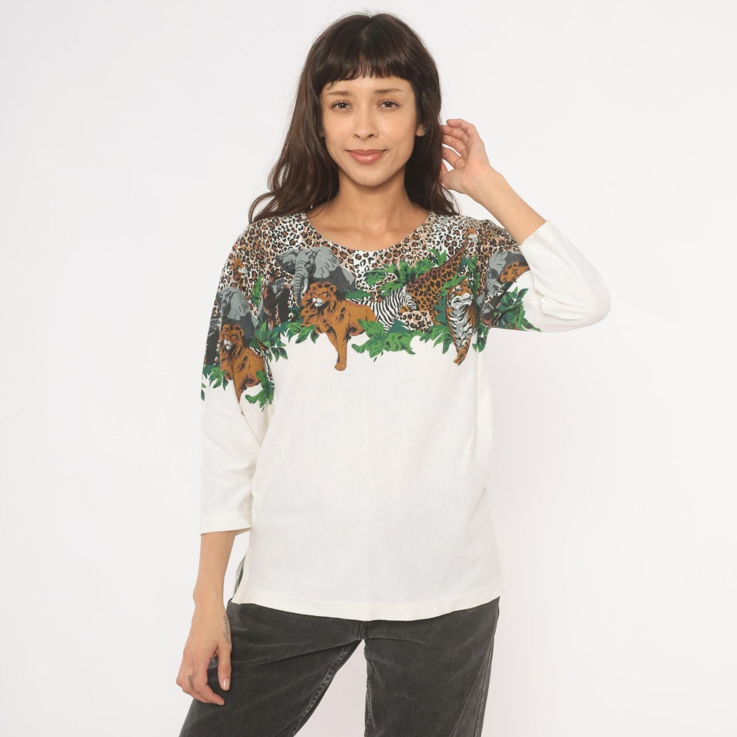 90s Enchante Sport Safari Animal Print Top Jungle Wildlife Cream Medium M