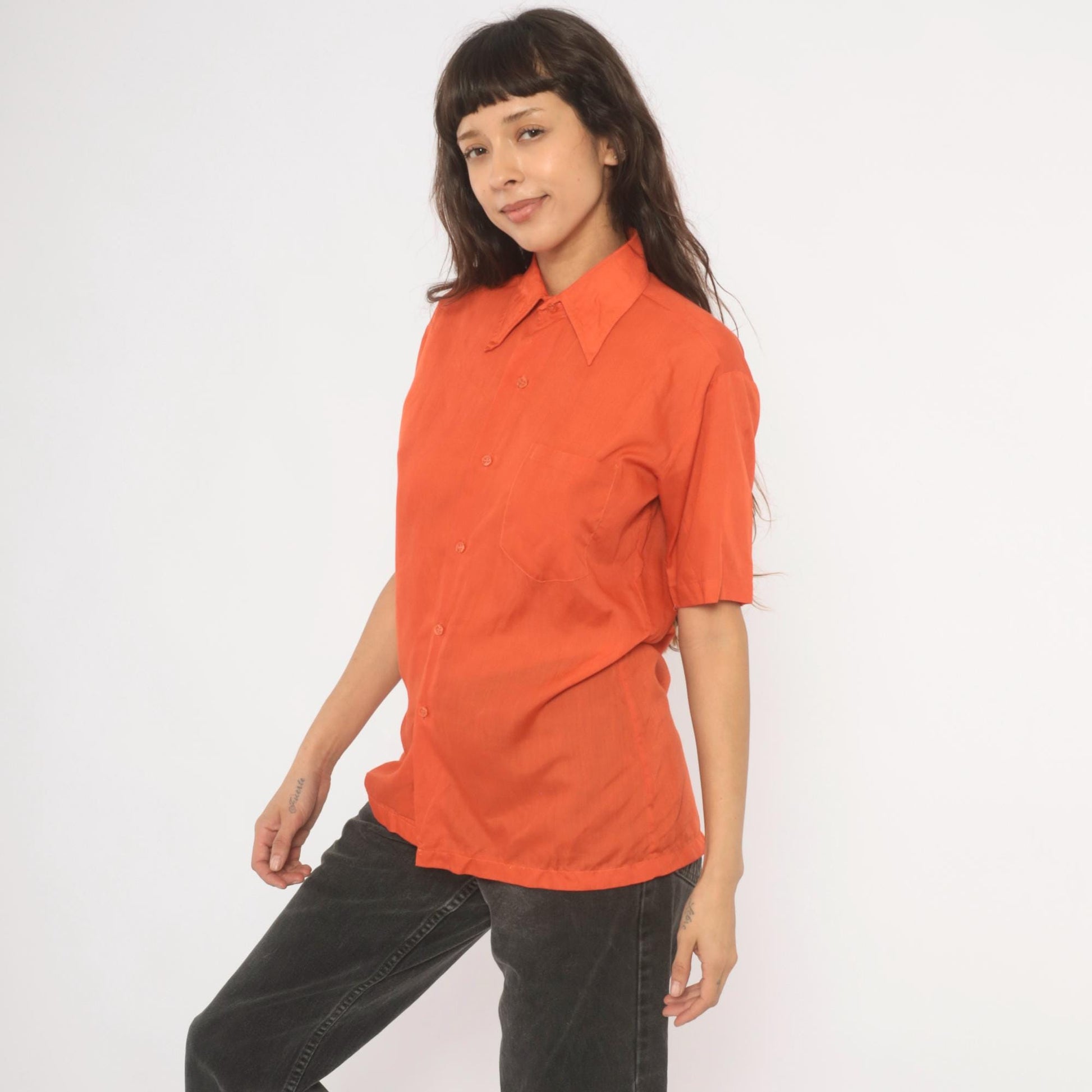 70s Odeon Burnt Orange Button-Up Shirt Pointed Collar Short Sleeve Medium