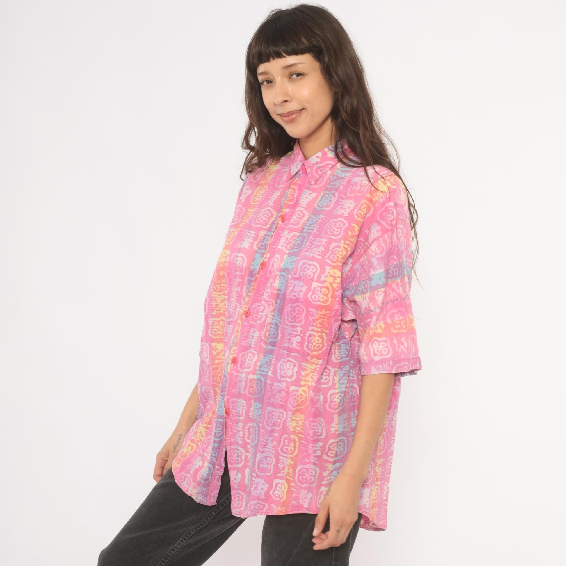 90s Body Objects Batik Print Button-Up Shirt Pink Multicolor Abstract Large L