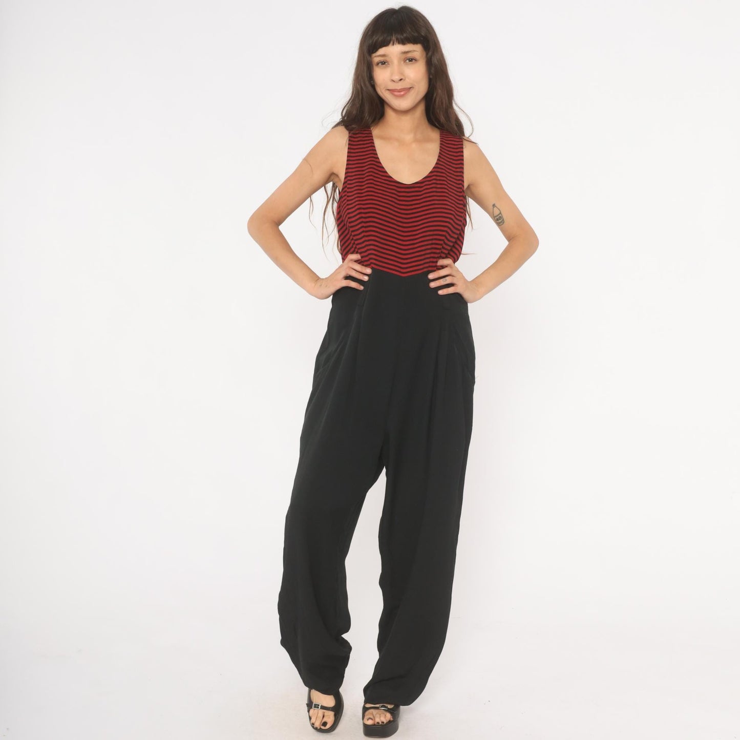 90s Red Black Striped Sleeveless Jumpsuit Wide Leg Maxi Tank Large L