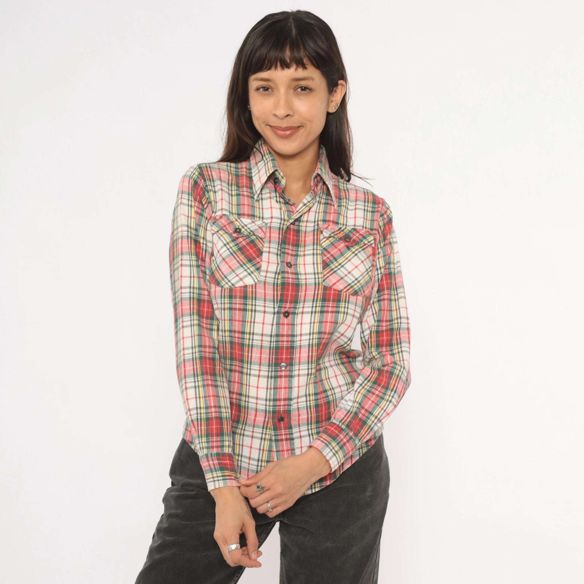 80s Medalist Plaid Flannel Shirt Red Green Tartan Button Front XS
