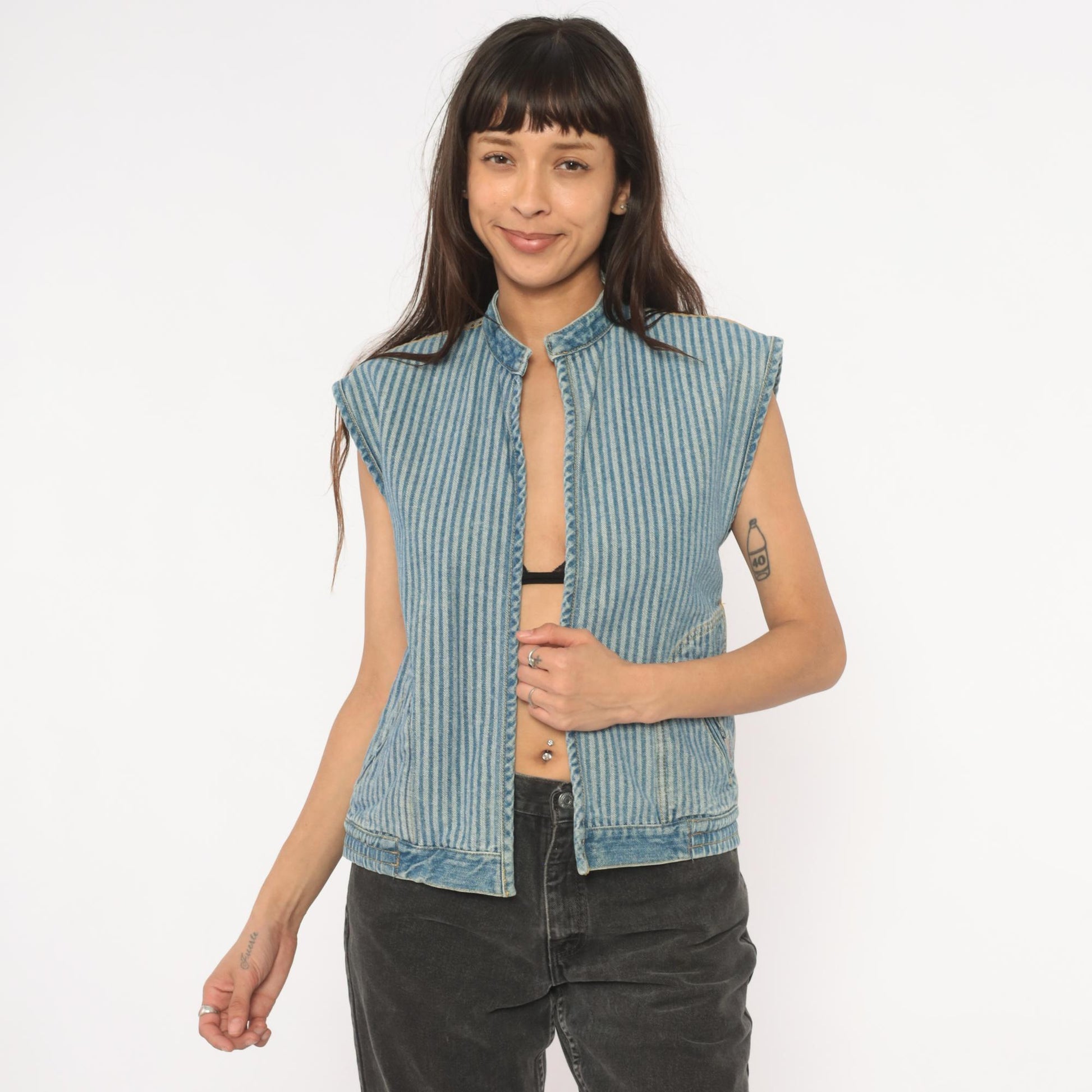 90s Jordache Reversible Denim Vest Pinstripe Blue White Mandarin Collar Small S